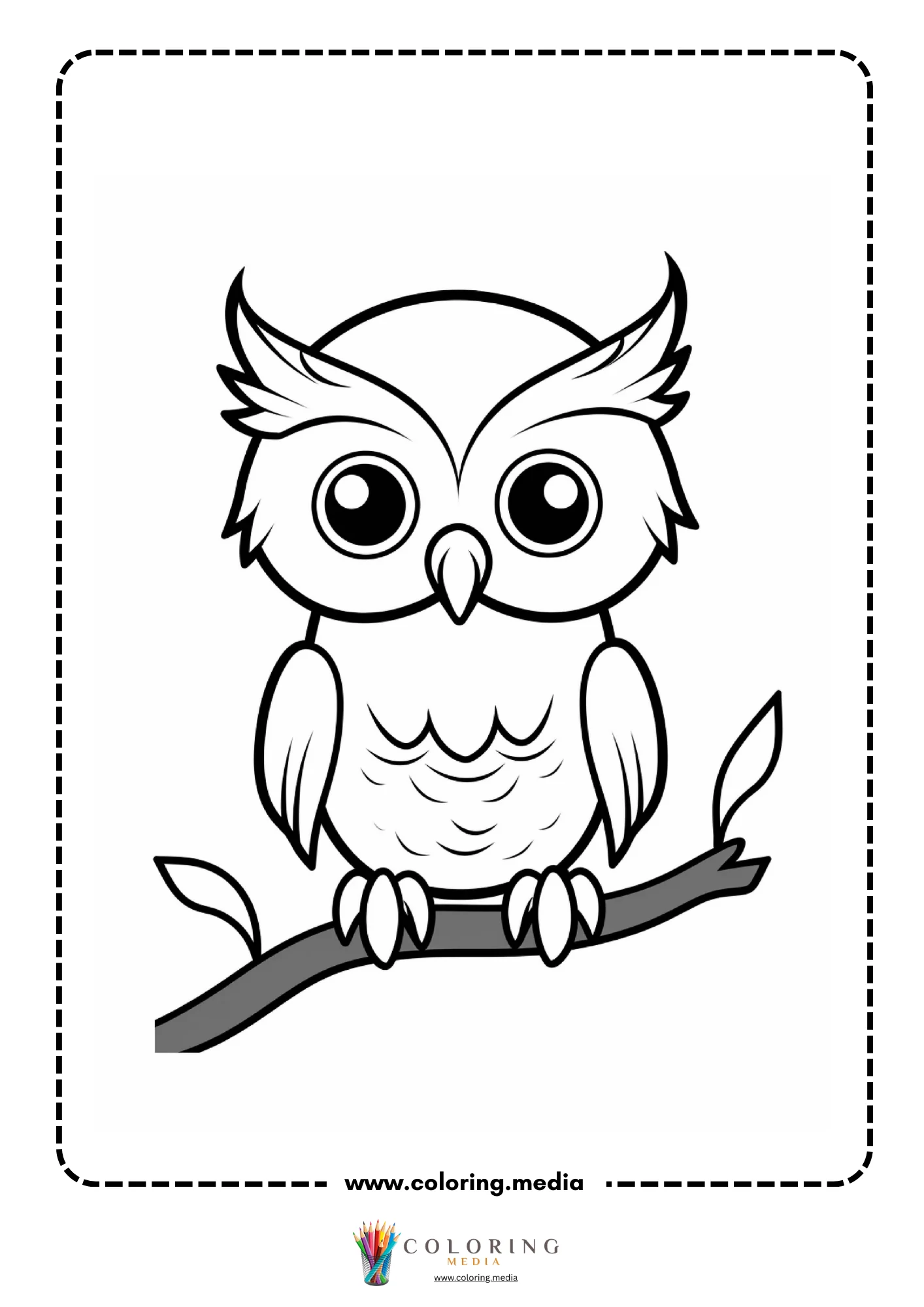 Fluffy owl on leafy branch with bold outlines
