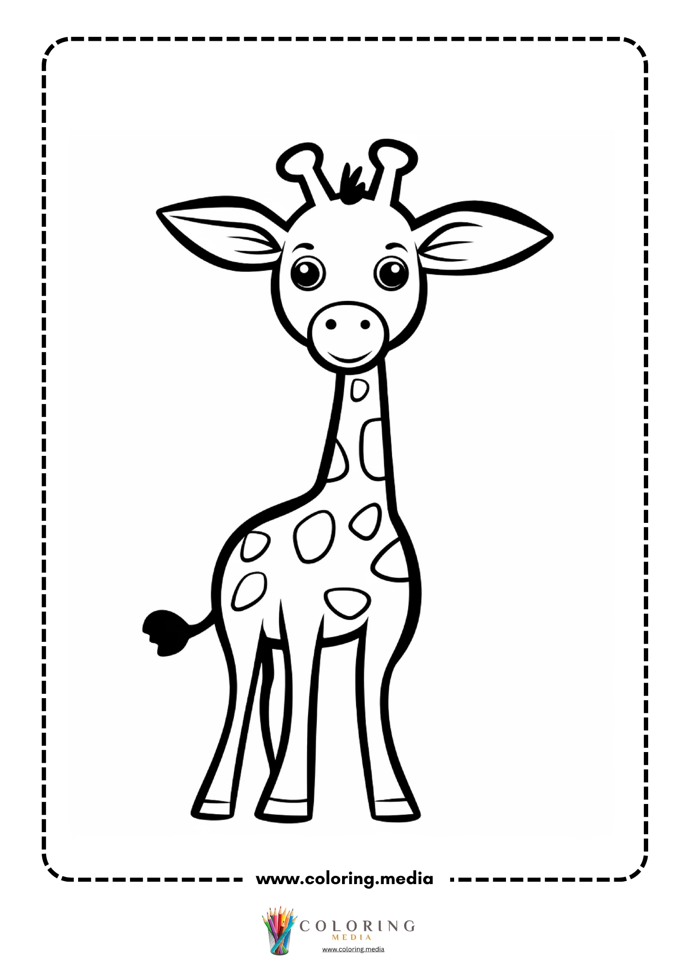 Cute baby giraffe with bold spots facing forward
