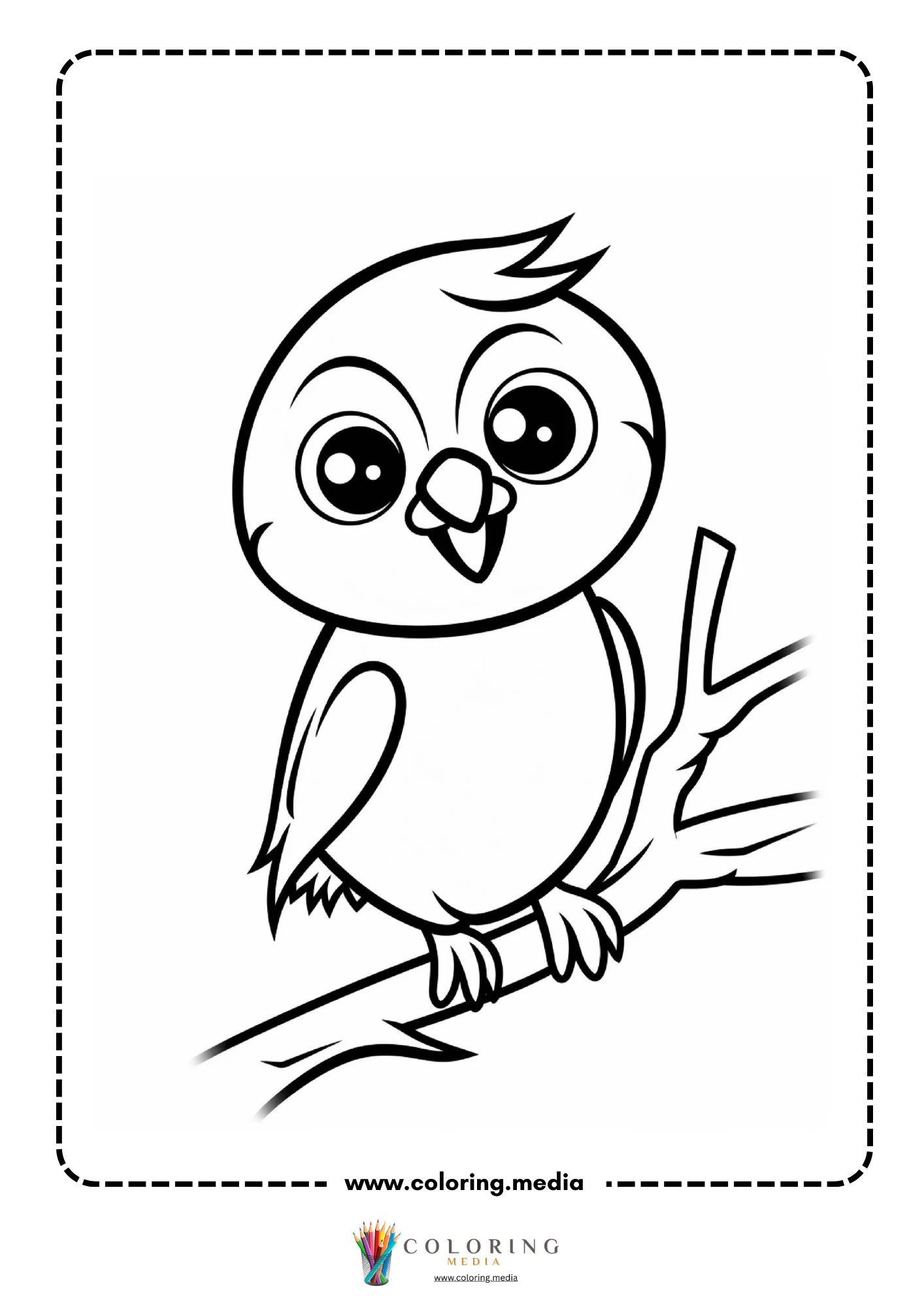 Round cartoon bird on branch with crest