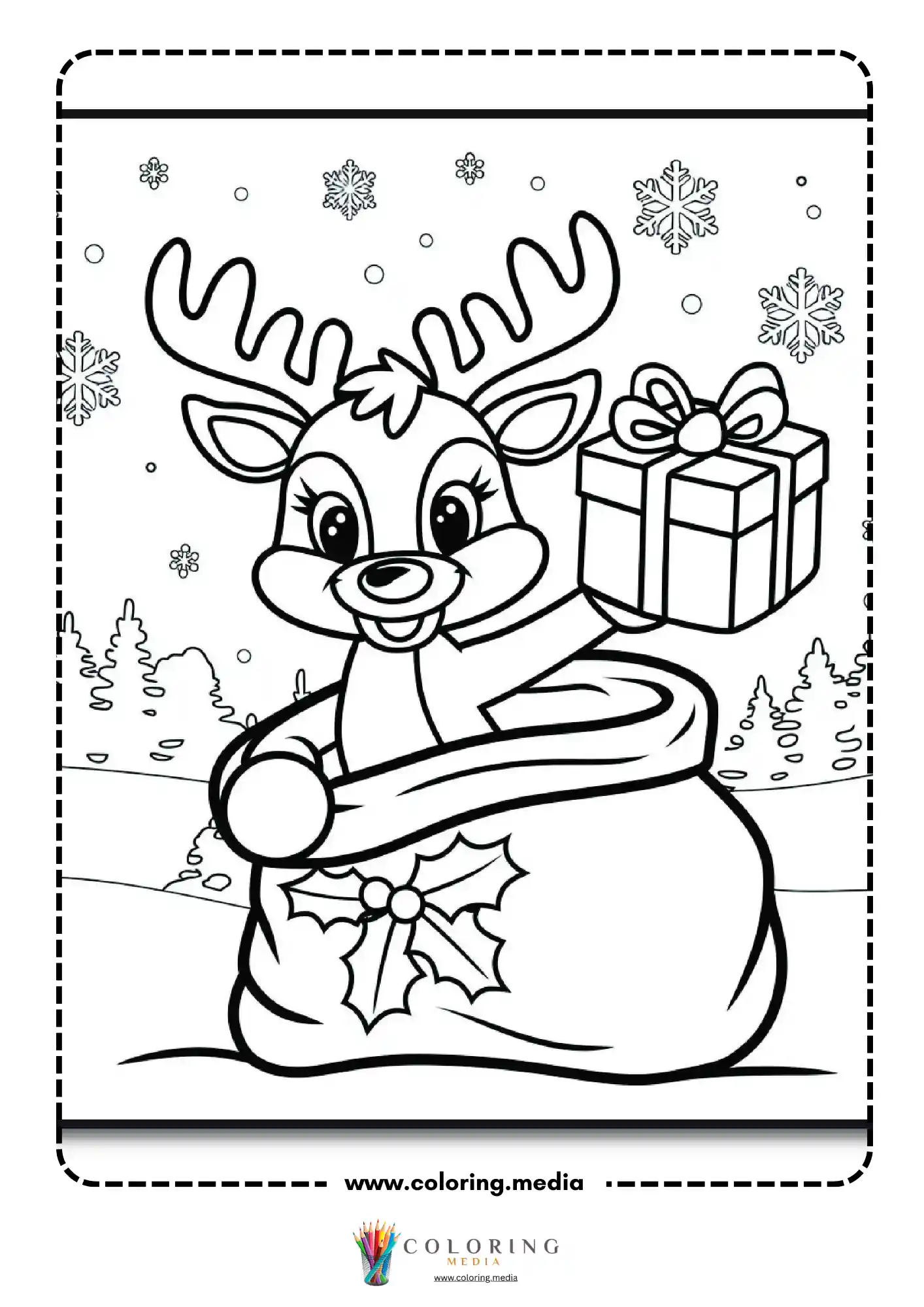 Reindeer peeking from Santa gift bag in snow