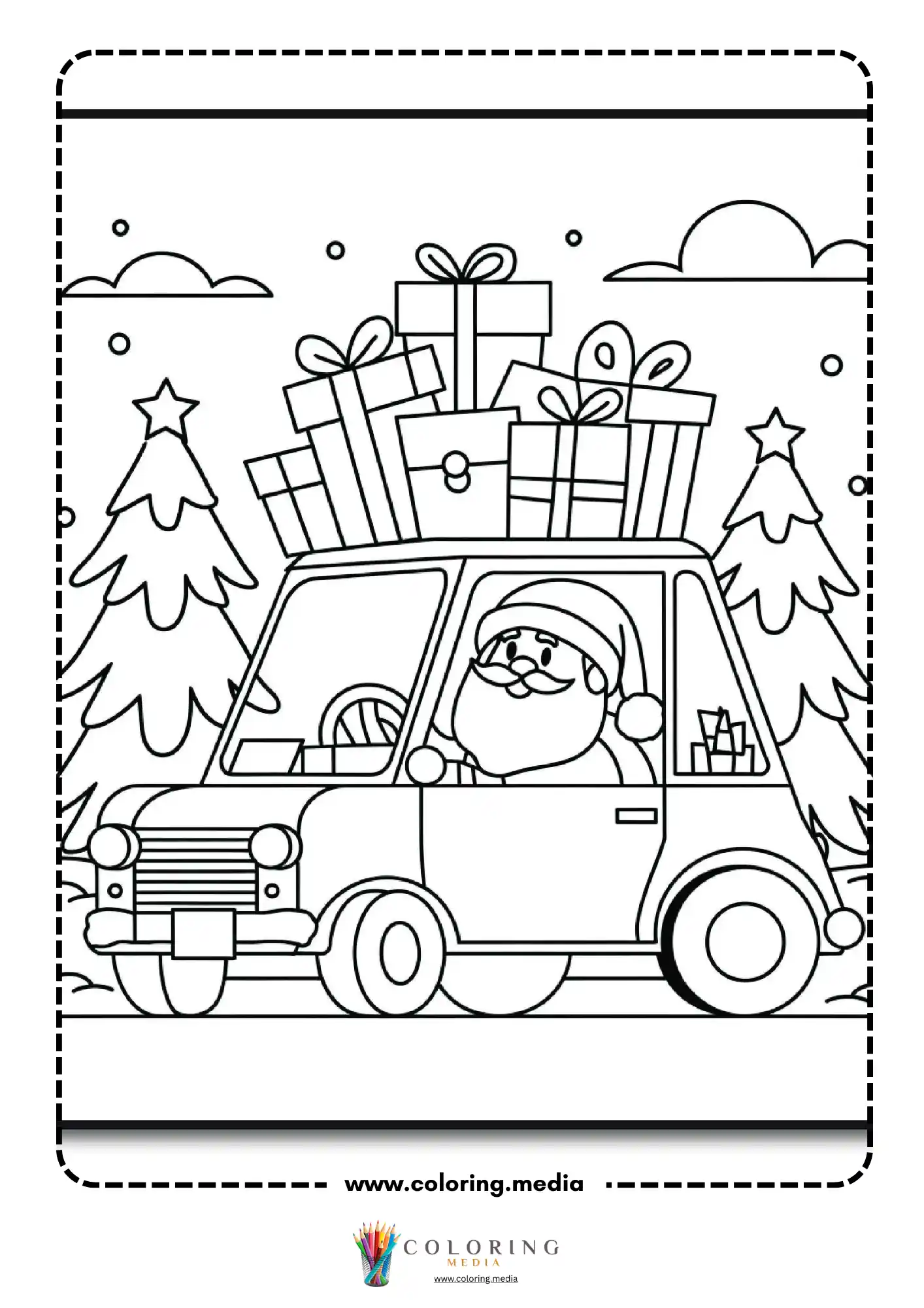 Santa driving car with gift boxes stacked on roof