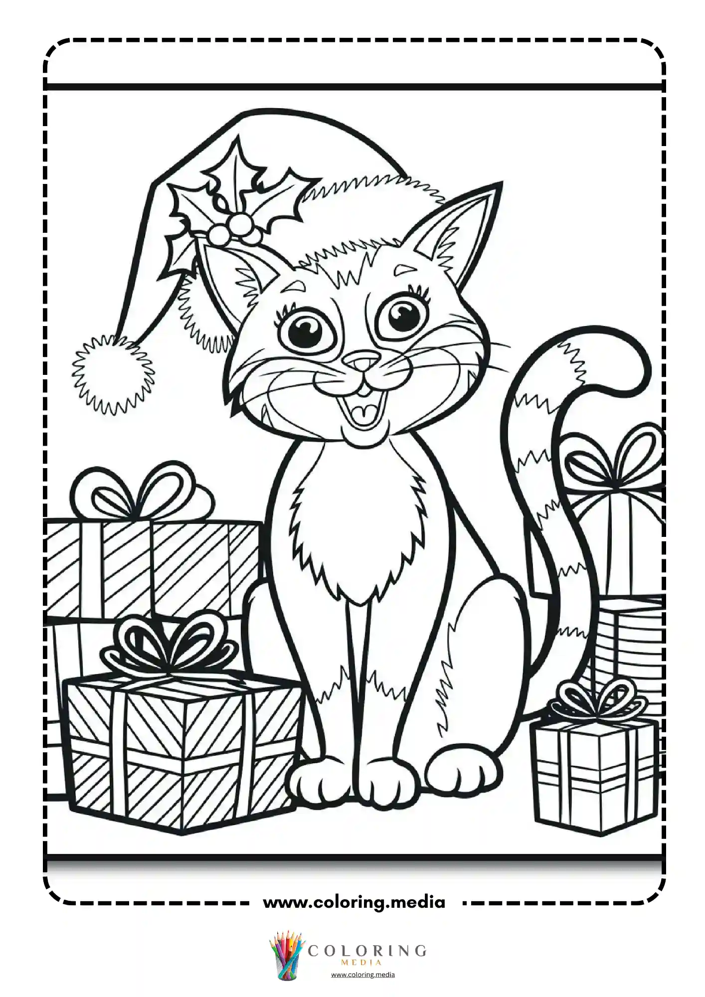 Cat in Santa hat sitting between wrapped gift boxes