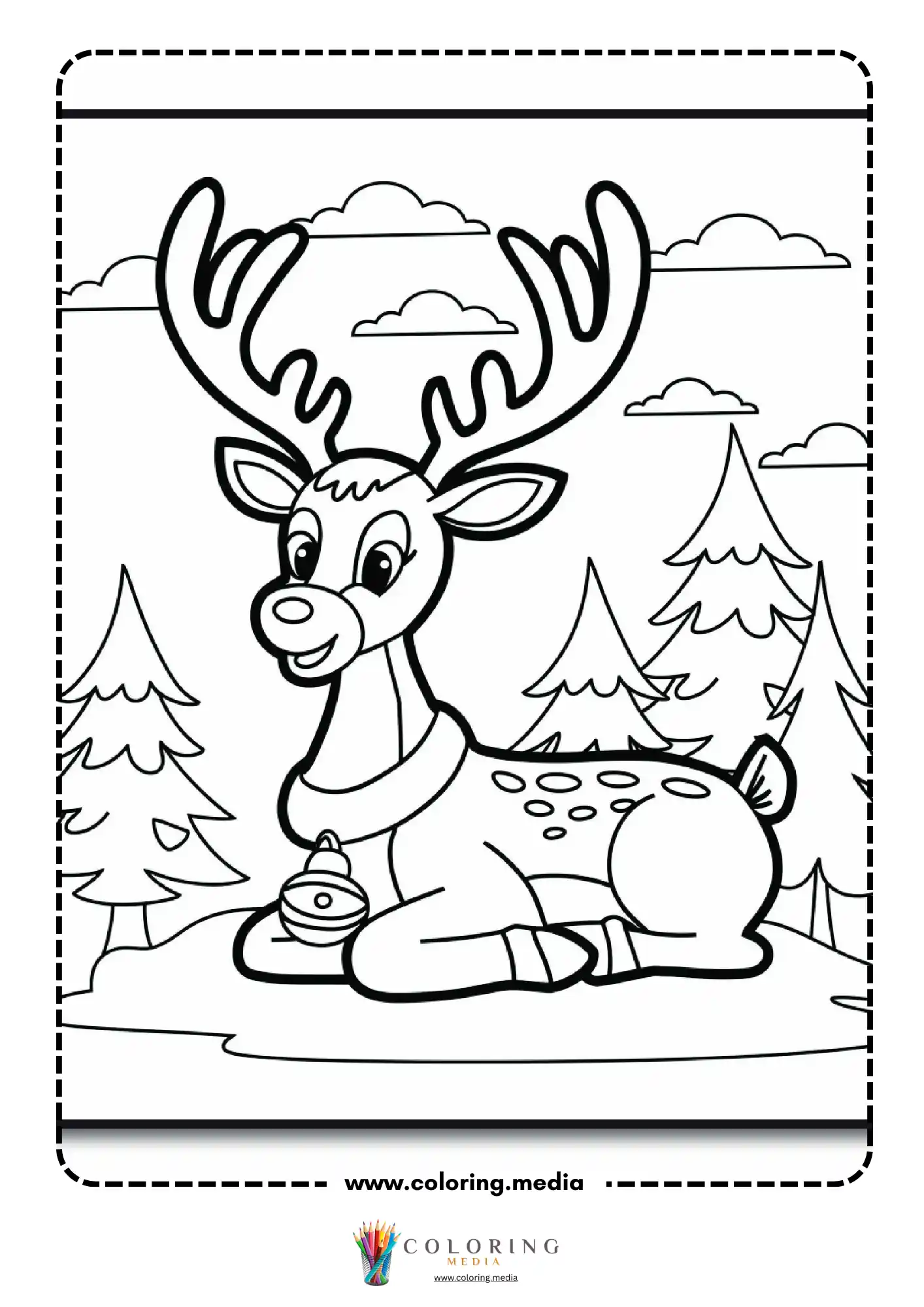 Reindeer lying in snow near Christmas bell and trees
