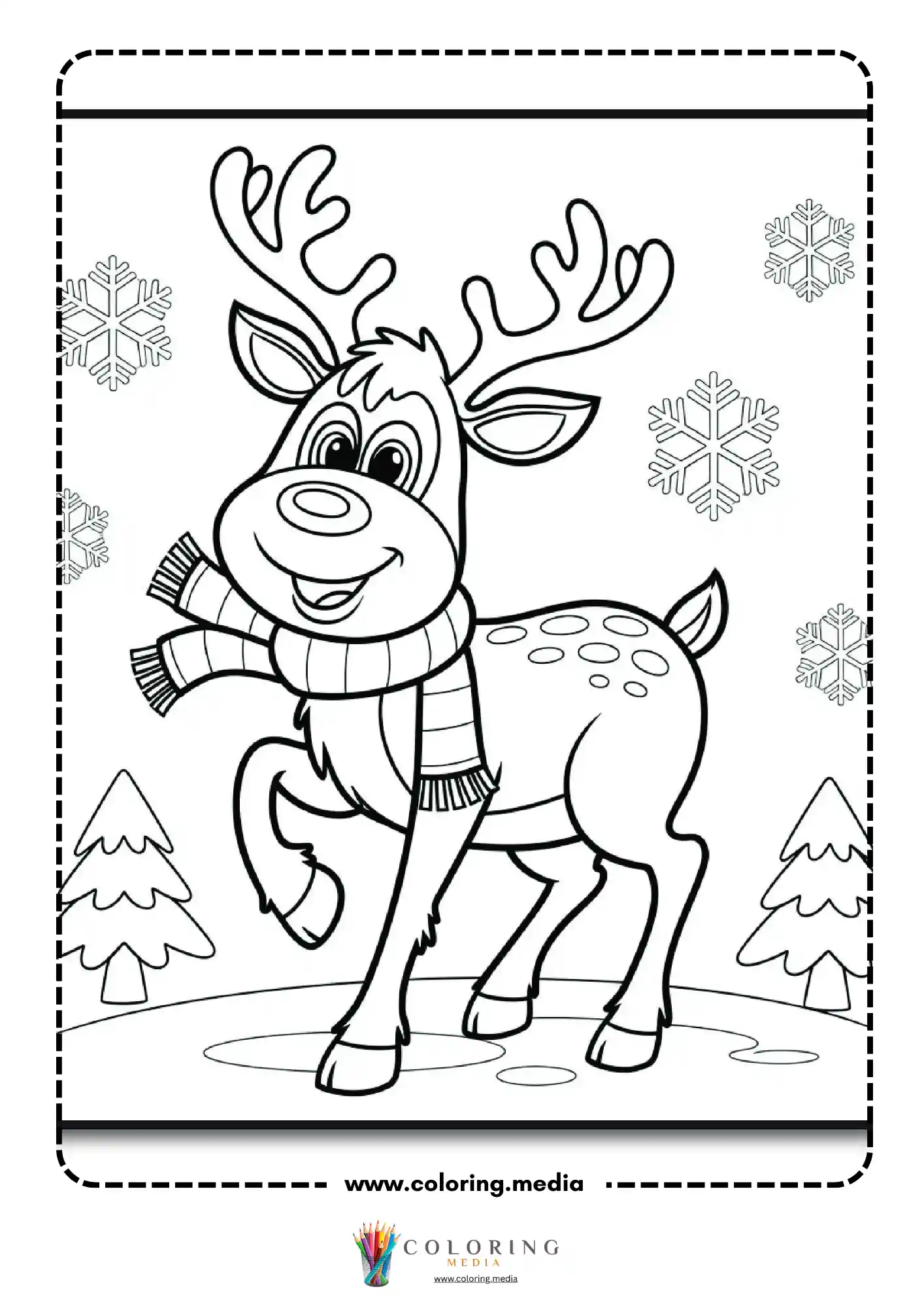 Smiling reindeer with scarf prancing in snowy forest