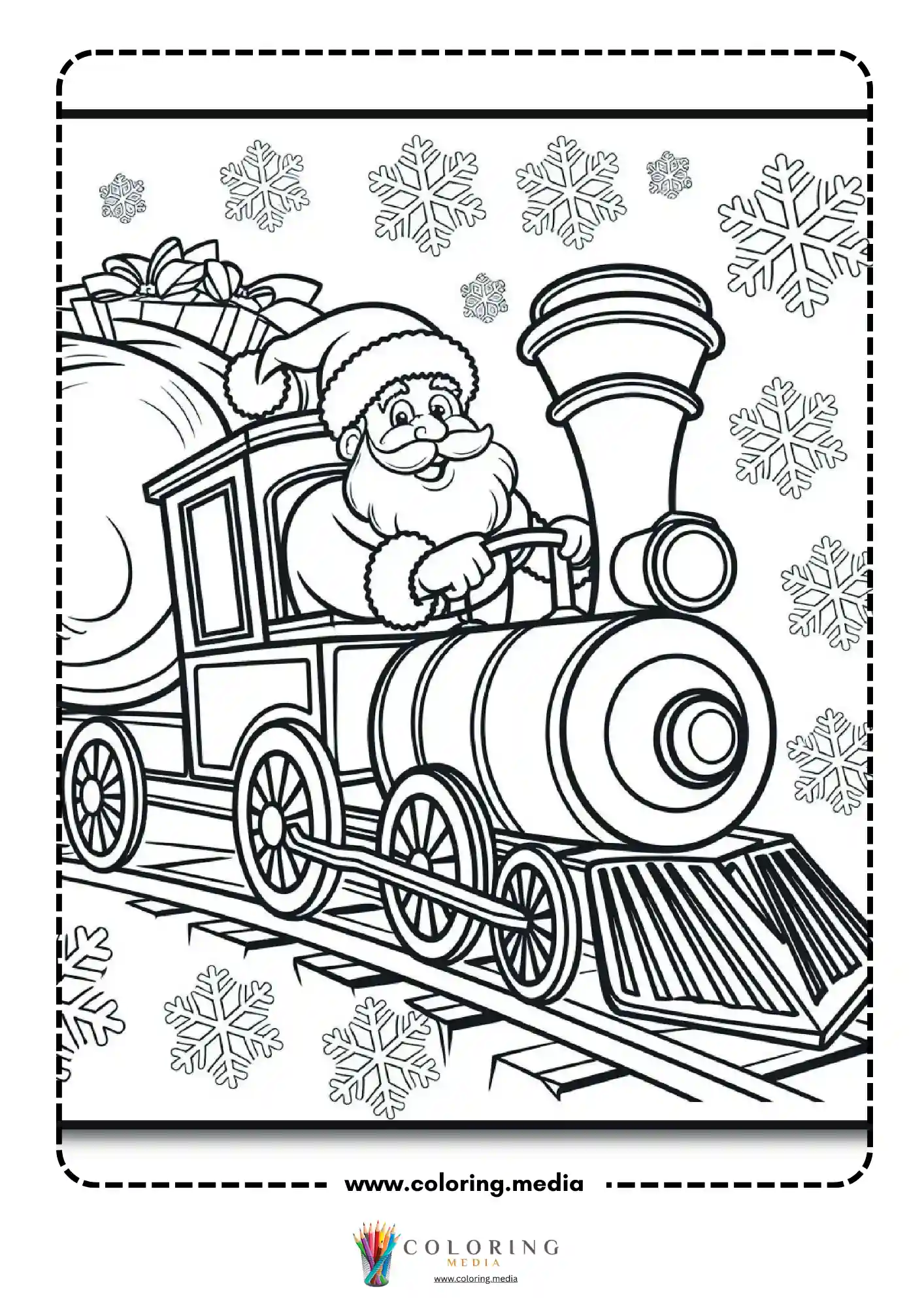 Santa riding a steam locomotive with gift sack