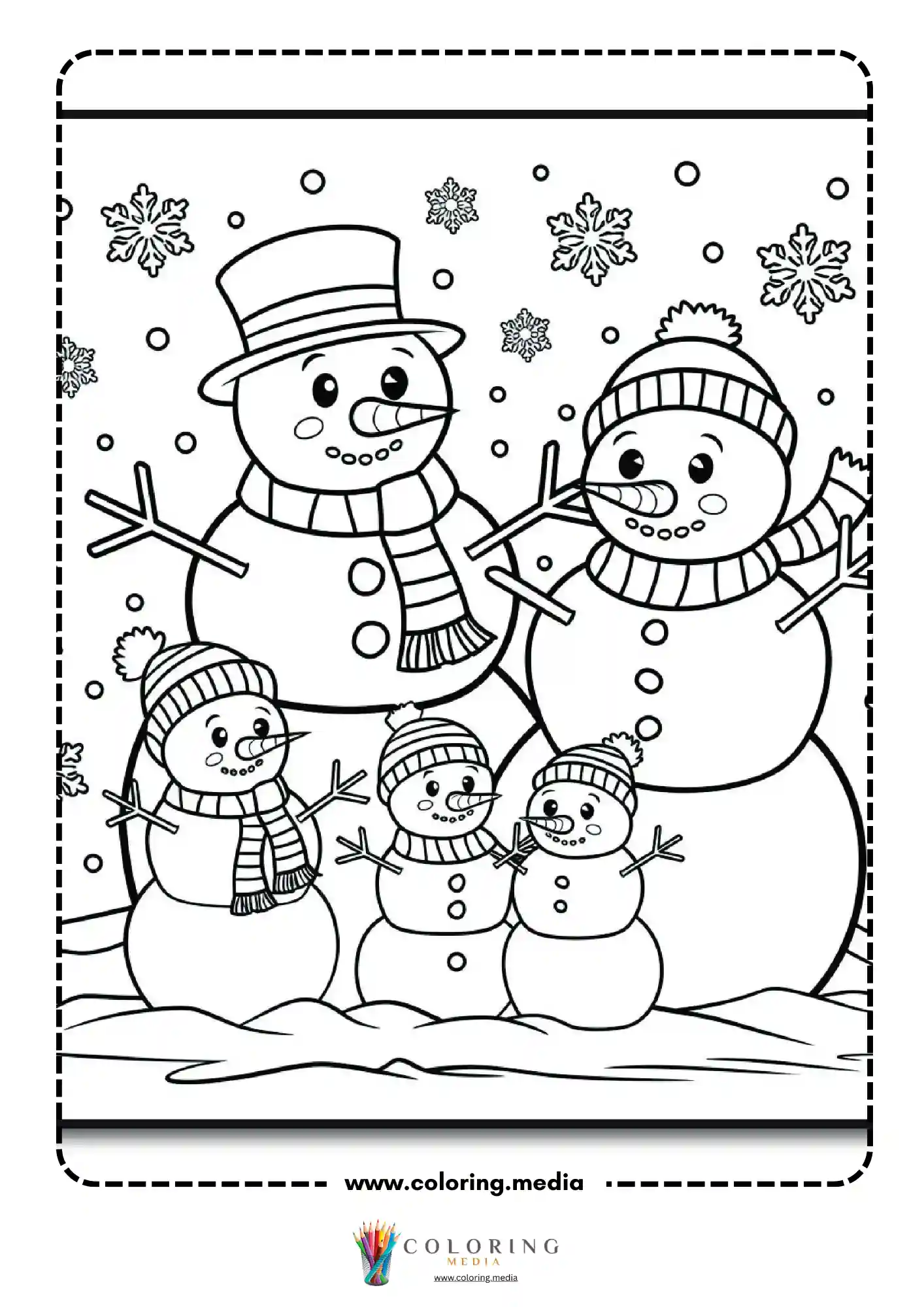 Family of five snowmen in snowy scene with snowflakes