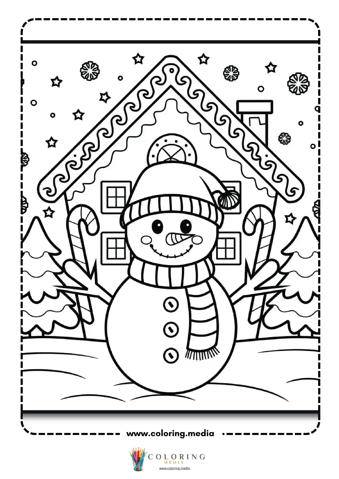 Snowman with candy canes in front of gingerbread house
