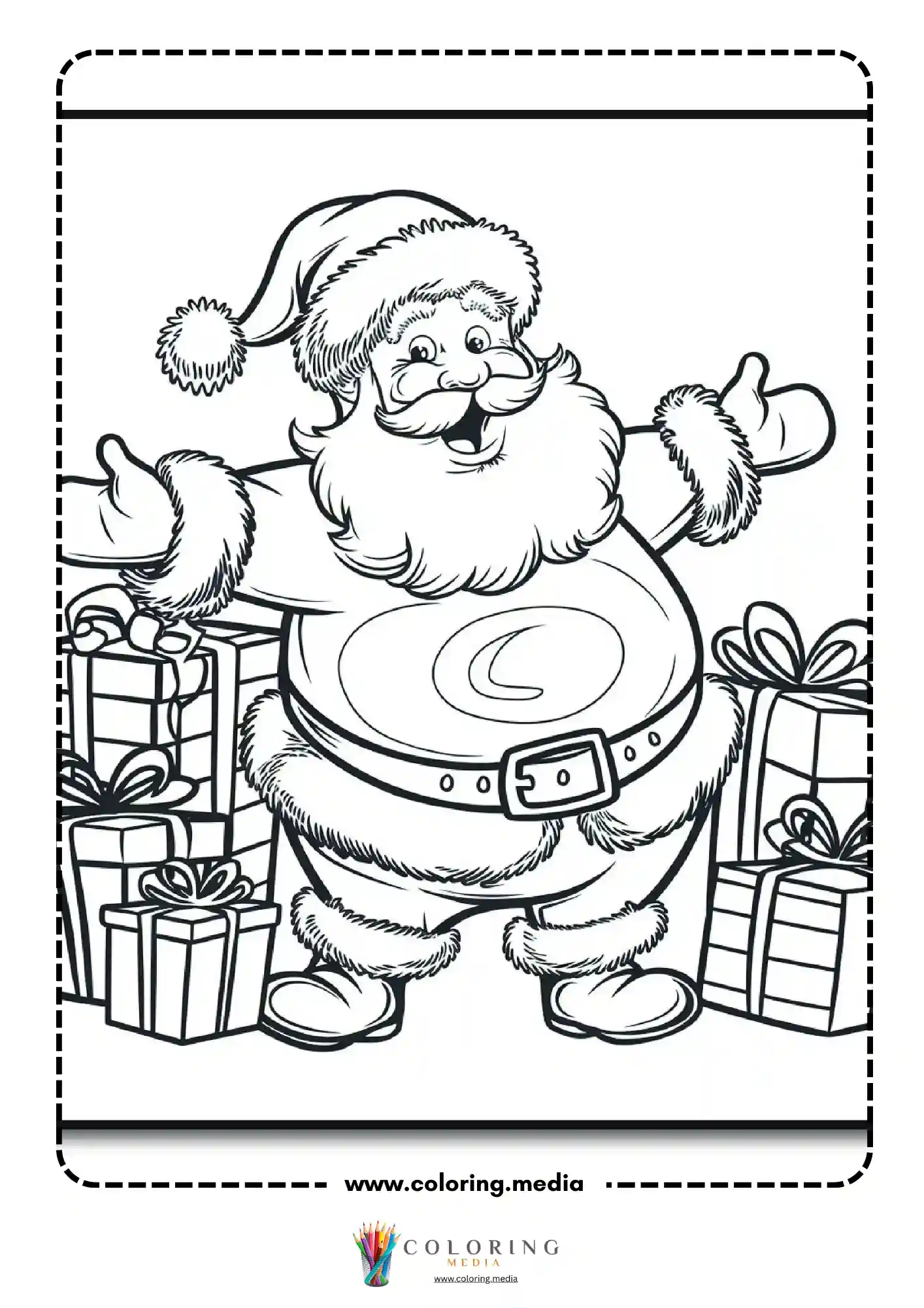 Jolly Santa standing arms wide surrounded by gifts