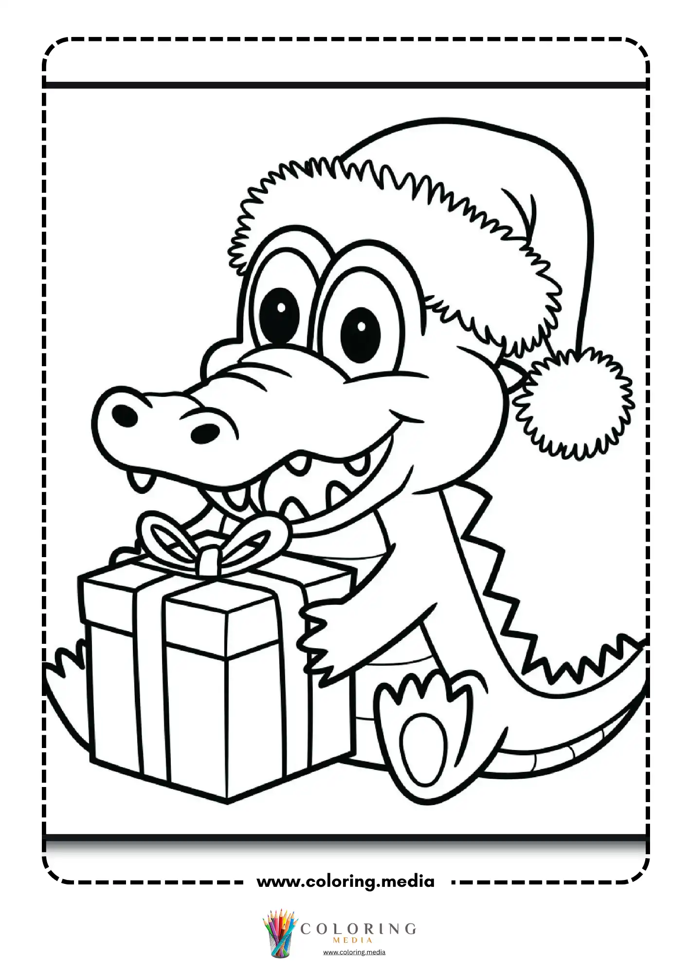 Cartoon crocodile in Santa hat hugging a gift box