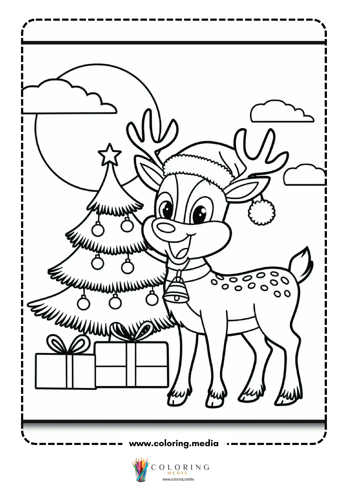 Reindeer with Santa hat by decorated Christmas tree