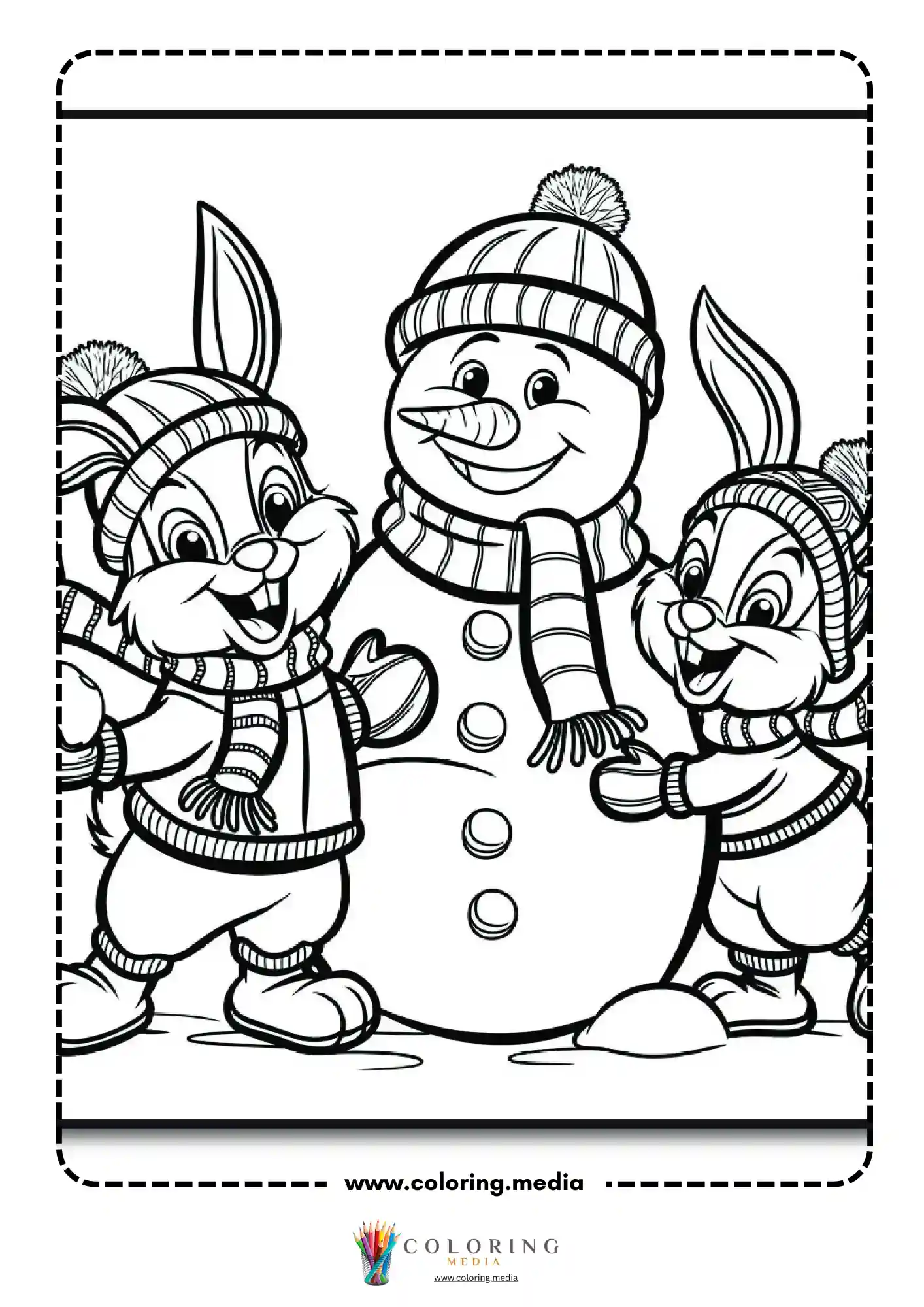 Two bunnies in winter sweaters flanking a snowman