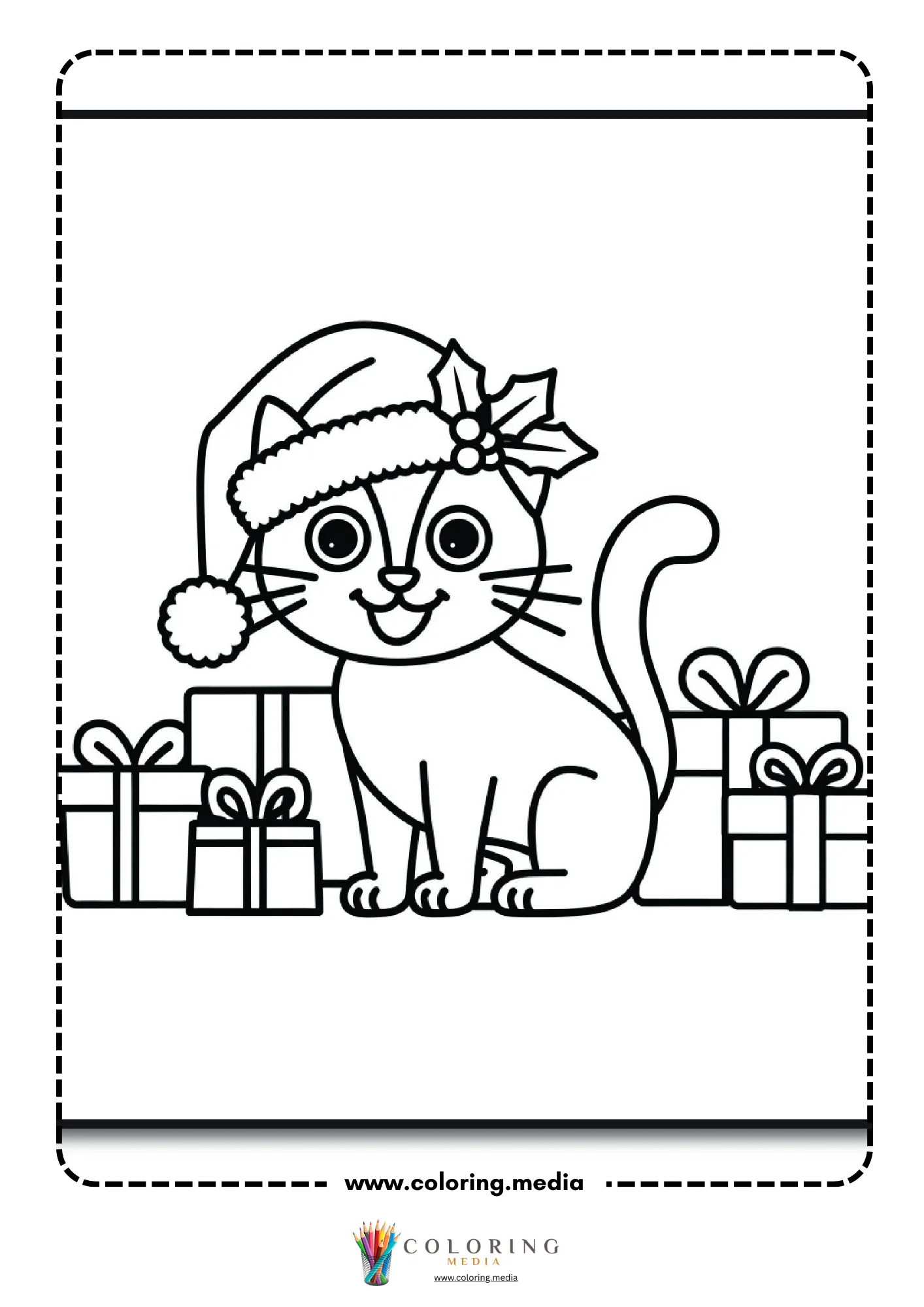 Cute cat in holly Santa hat sitting by gift boxes