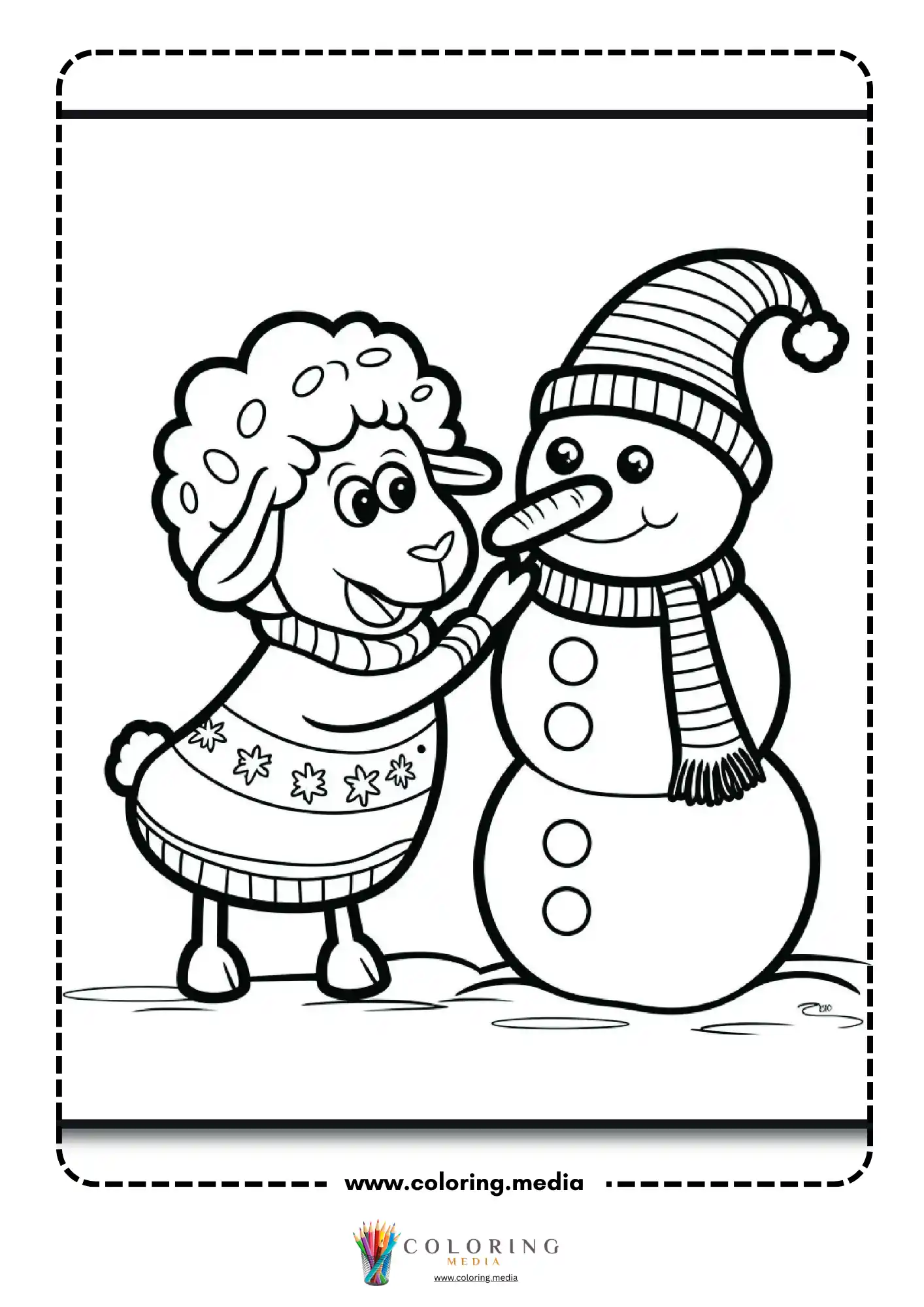 Lamb in Christmas sweater touching snowman carrot nose