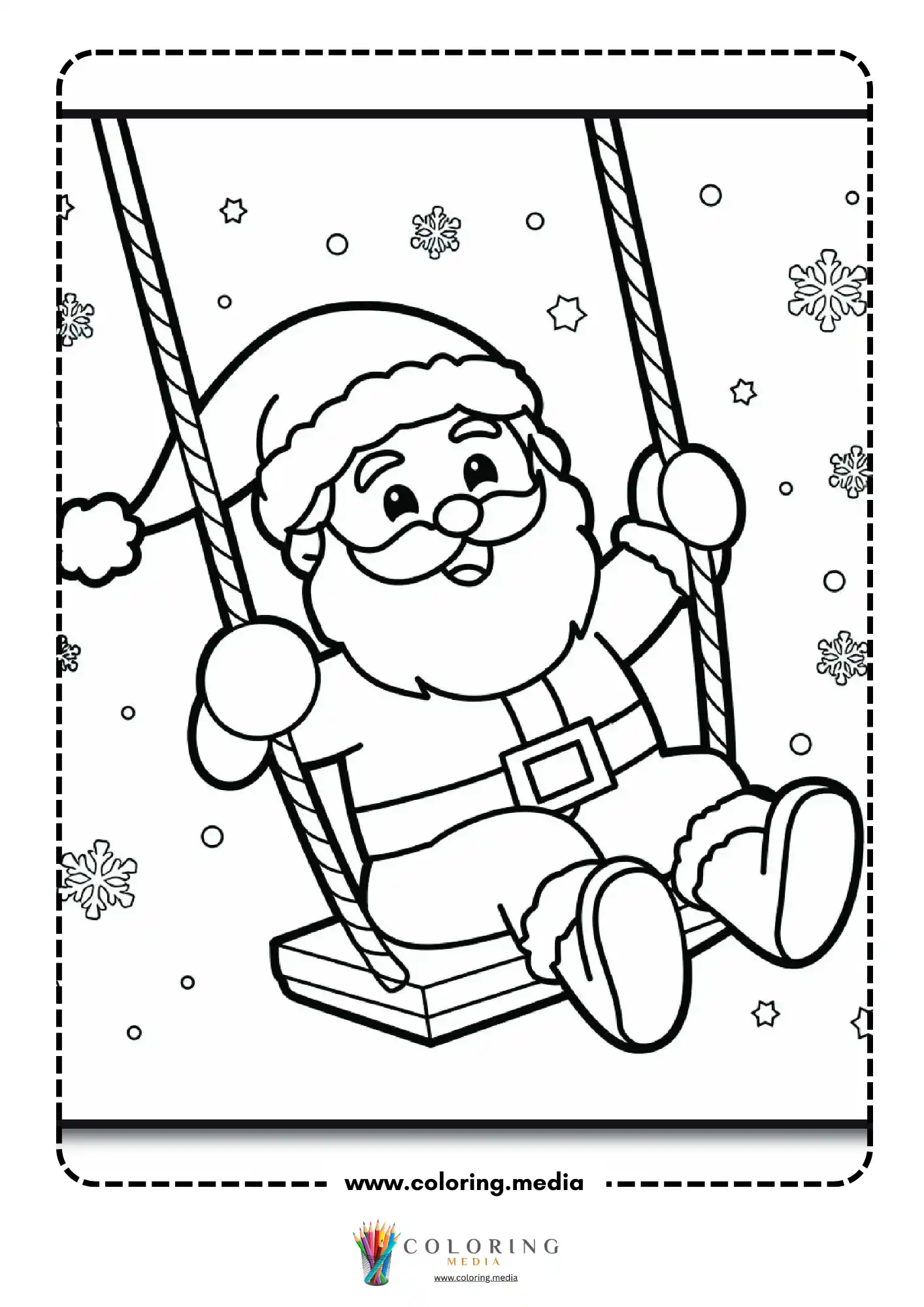 Santa Claus sitting on a swing in the snow