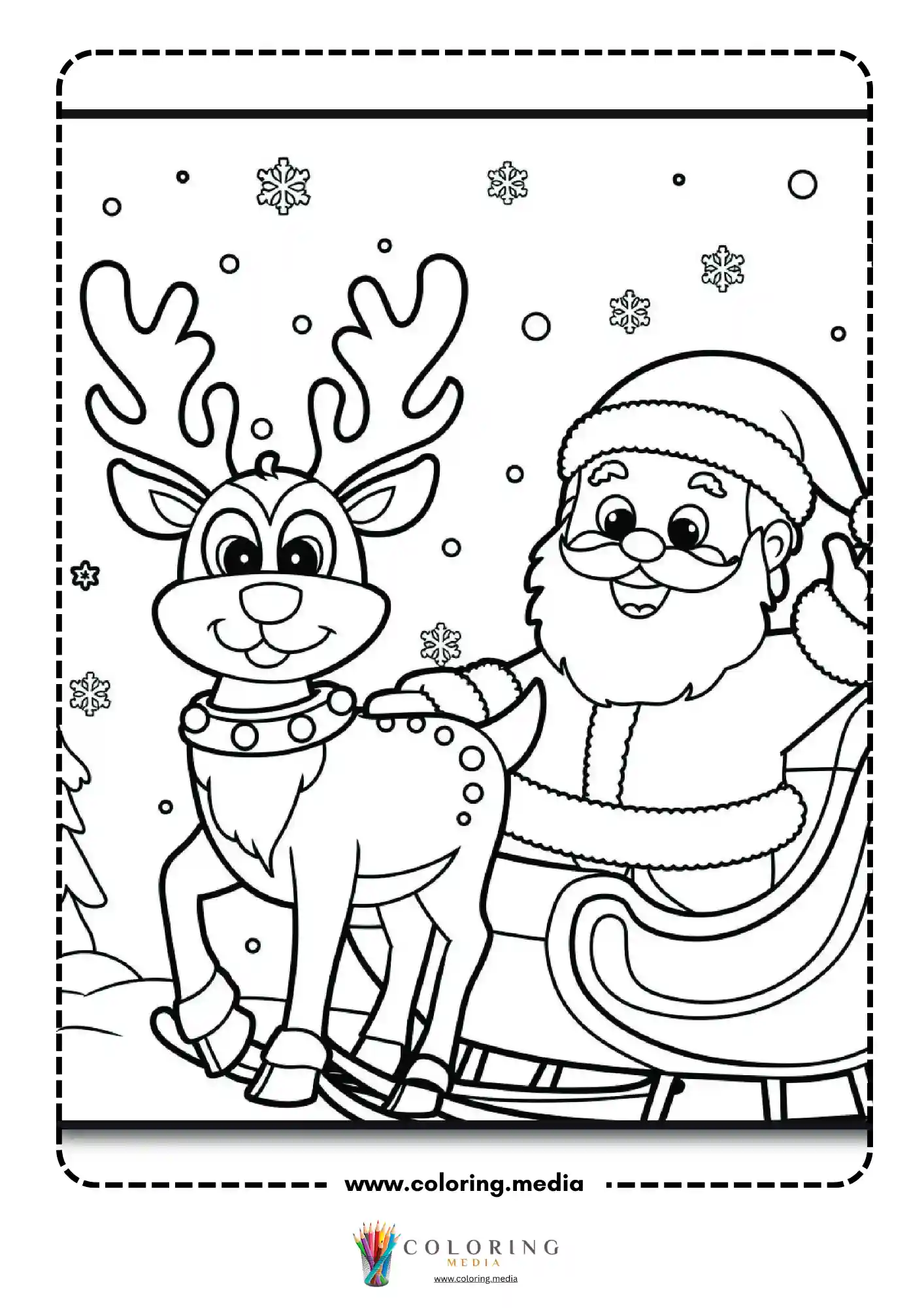 Santa and reindeer together beside snowy sleigh