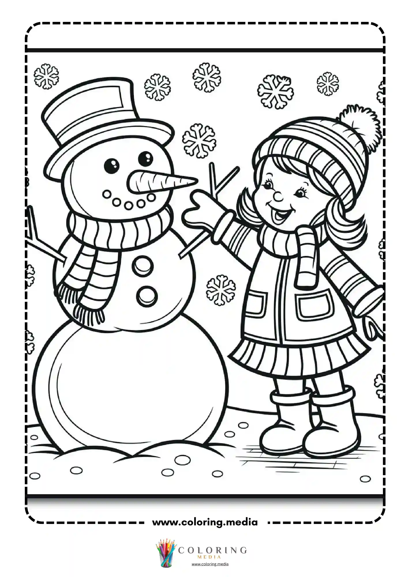 Girl in winter coat building a snowman outside