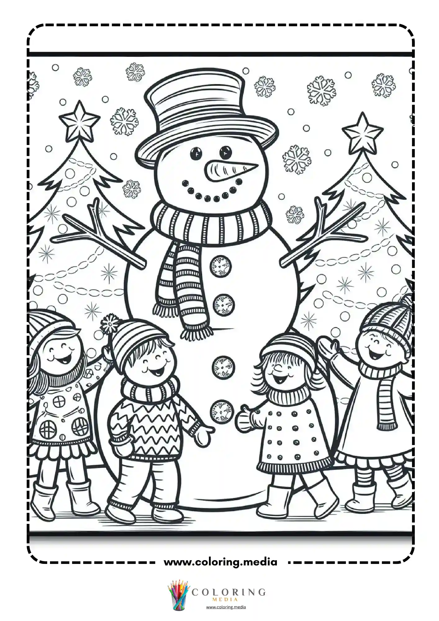 Four children surrounding large snowman between two trees