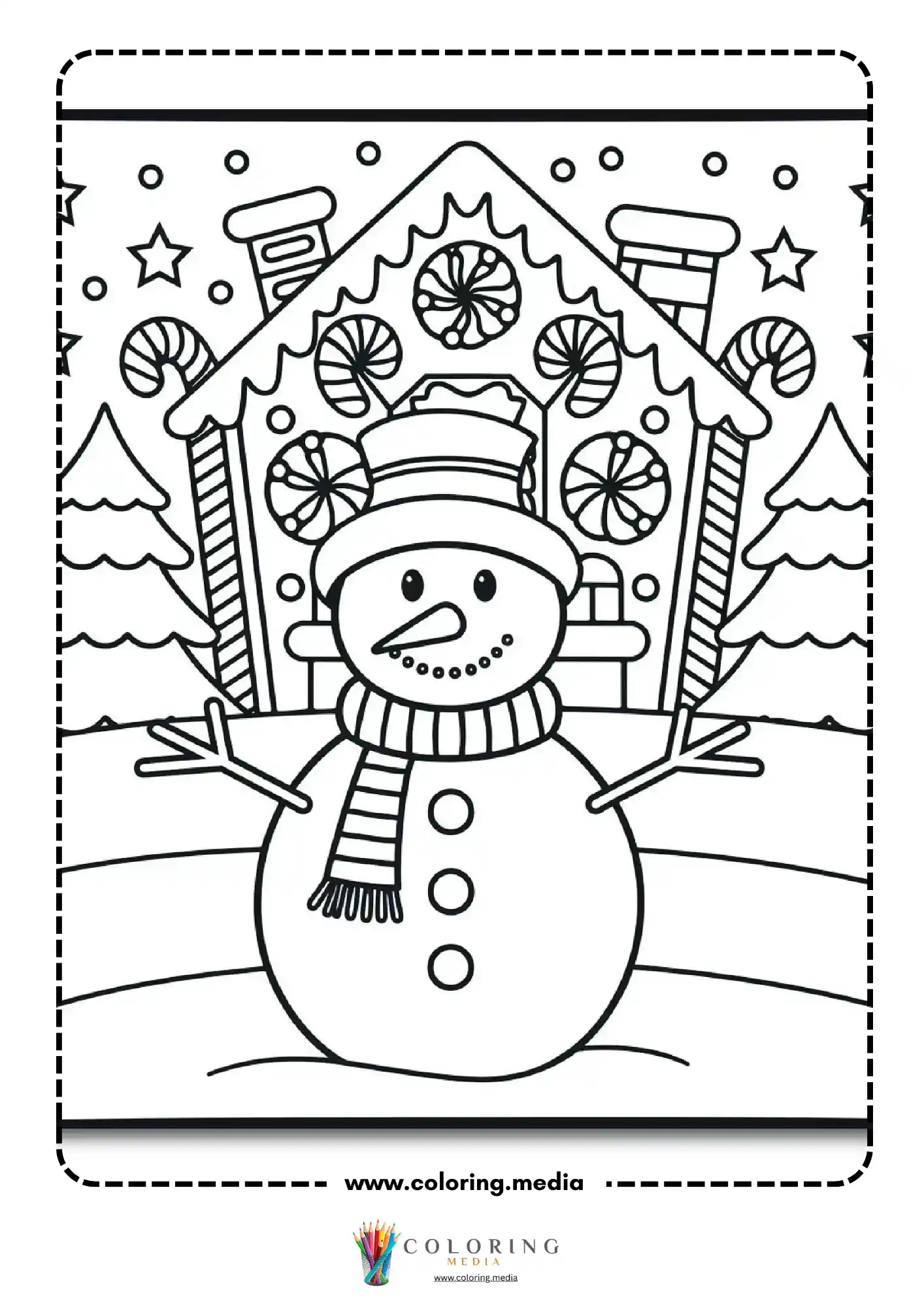 Snowman in front of candy-decorated gingerbread house