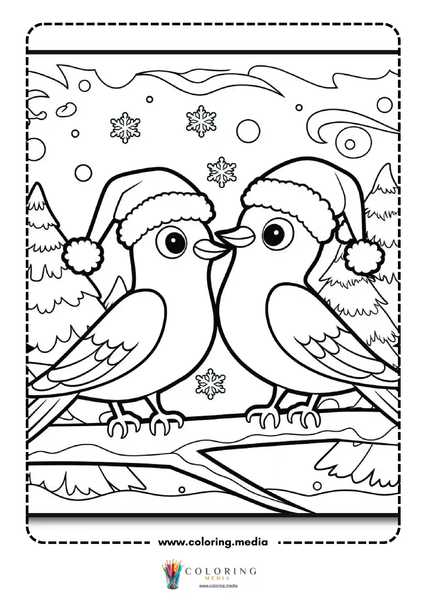 Two birds in Santa hats sitting on snowy branch