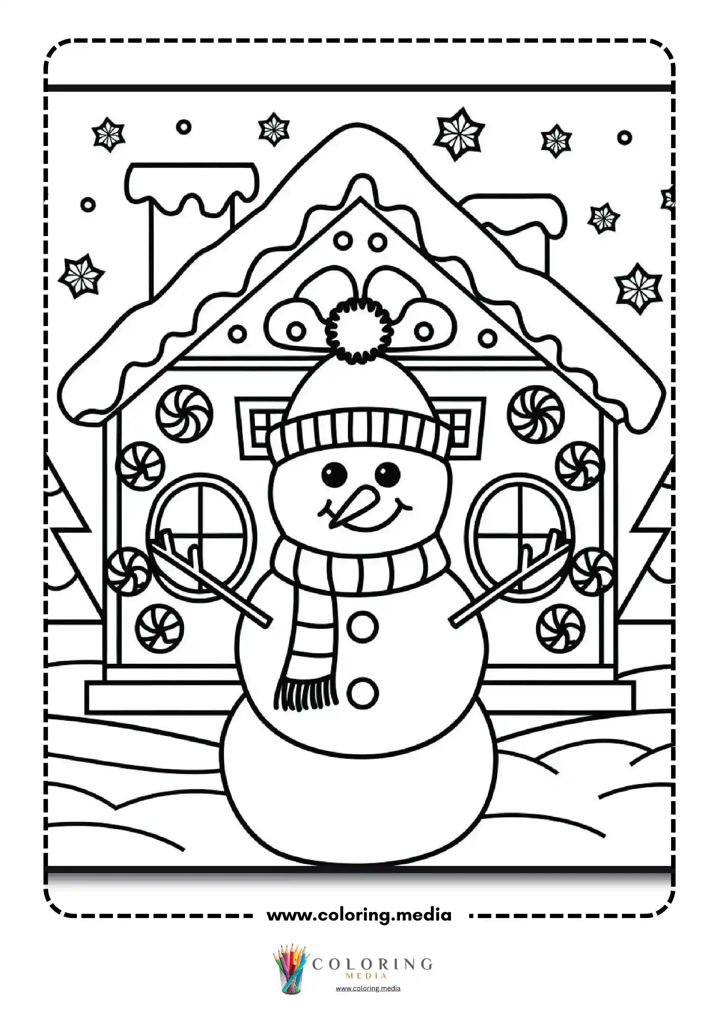 Snowman with beanie hat before candy gingerbread house