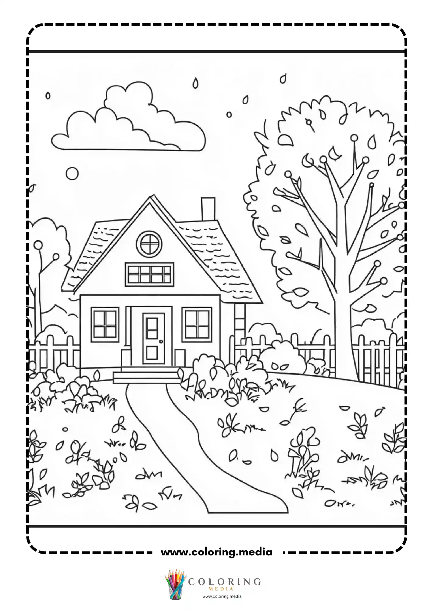 Cozy cottage with fall trees and leaf-strewn pathway