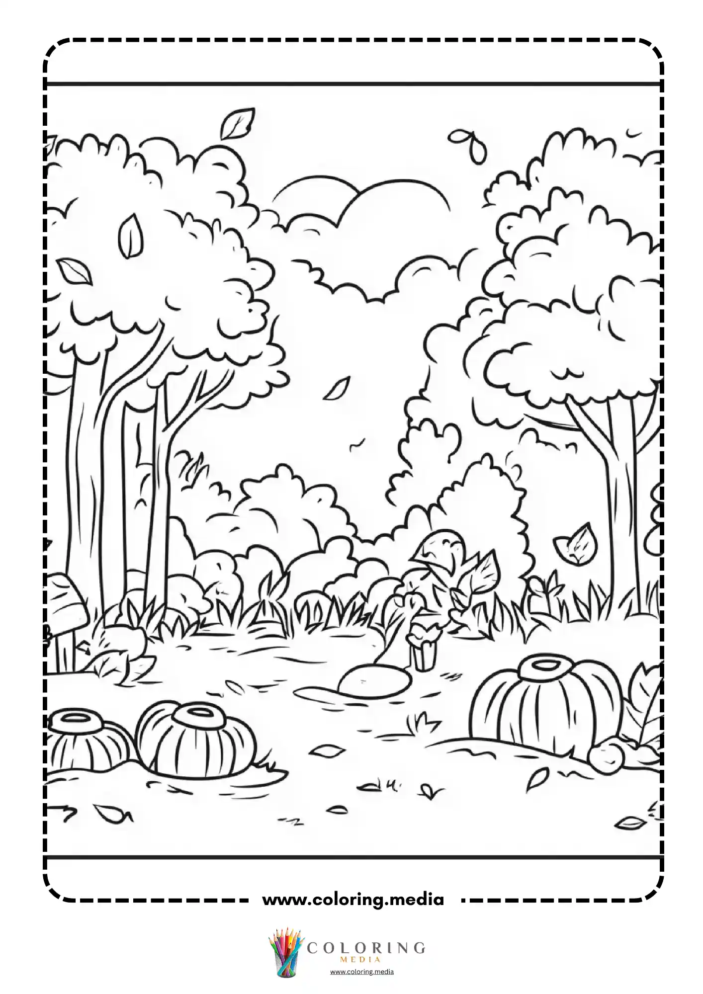 Forest clearing with pumpkins near pond and trees