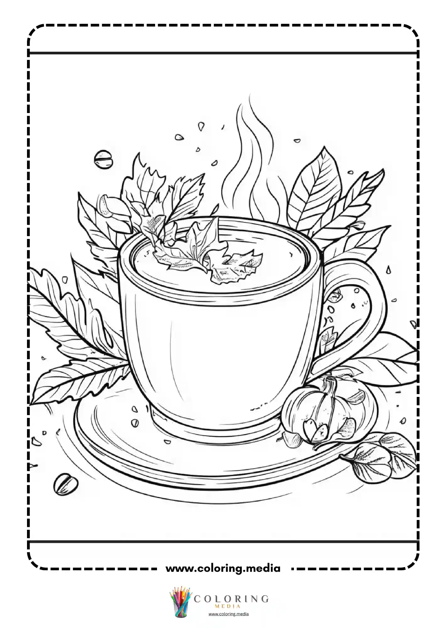 Large steaming tea cup with maple leaf and pumpkin