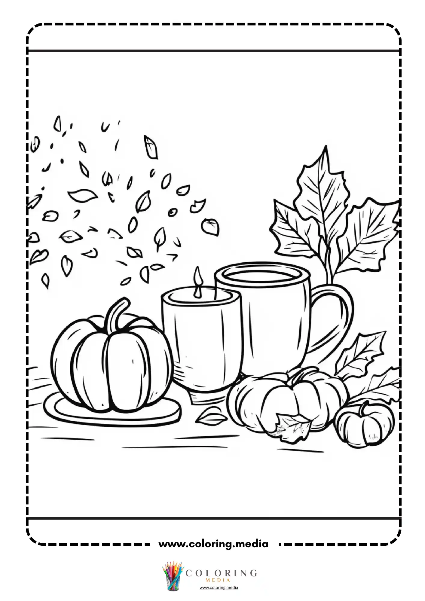 Pumpkins with candle and mug amid falling leaves
