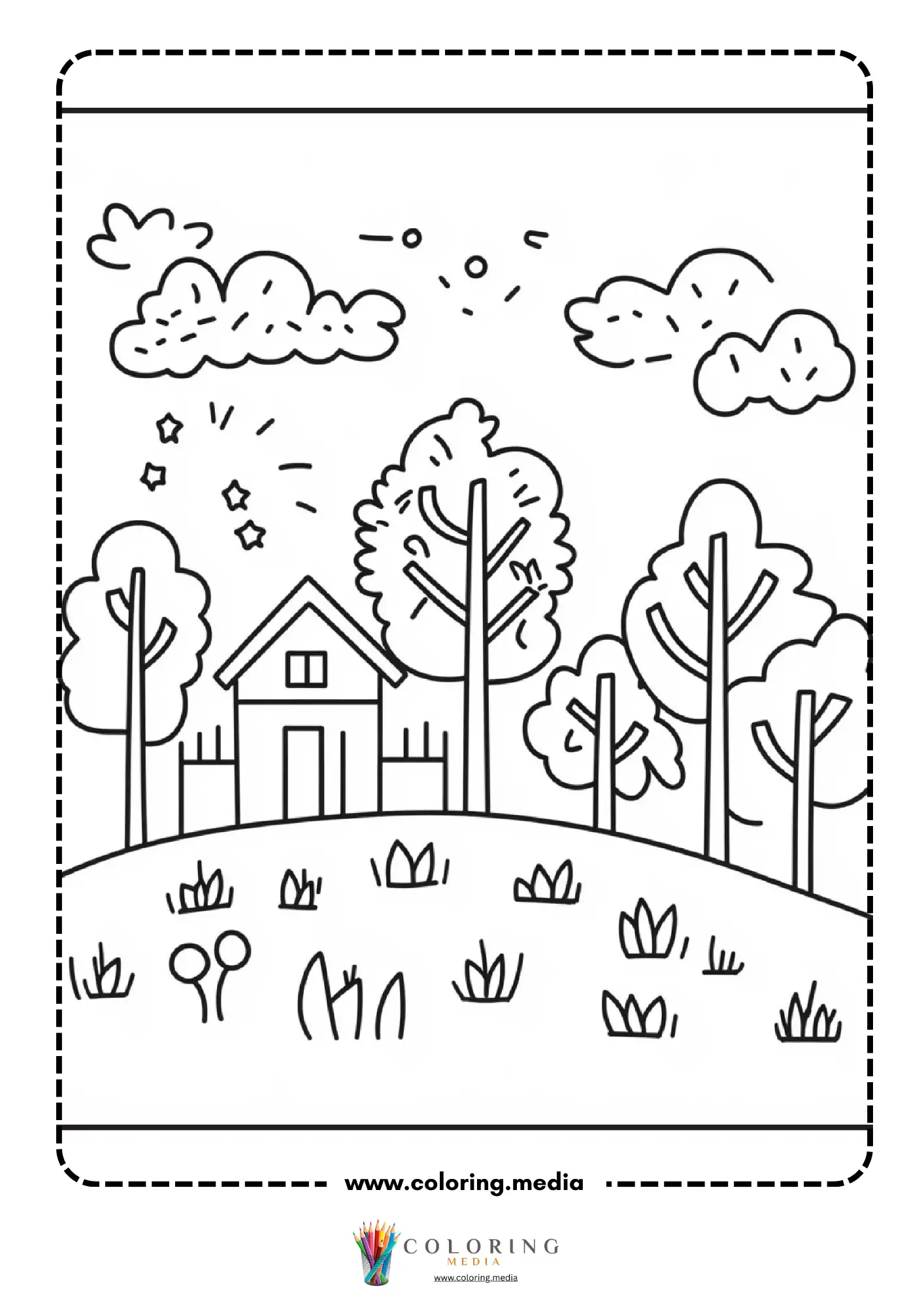 Simple house on hill with fall trees and clouds