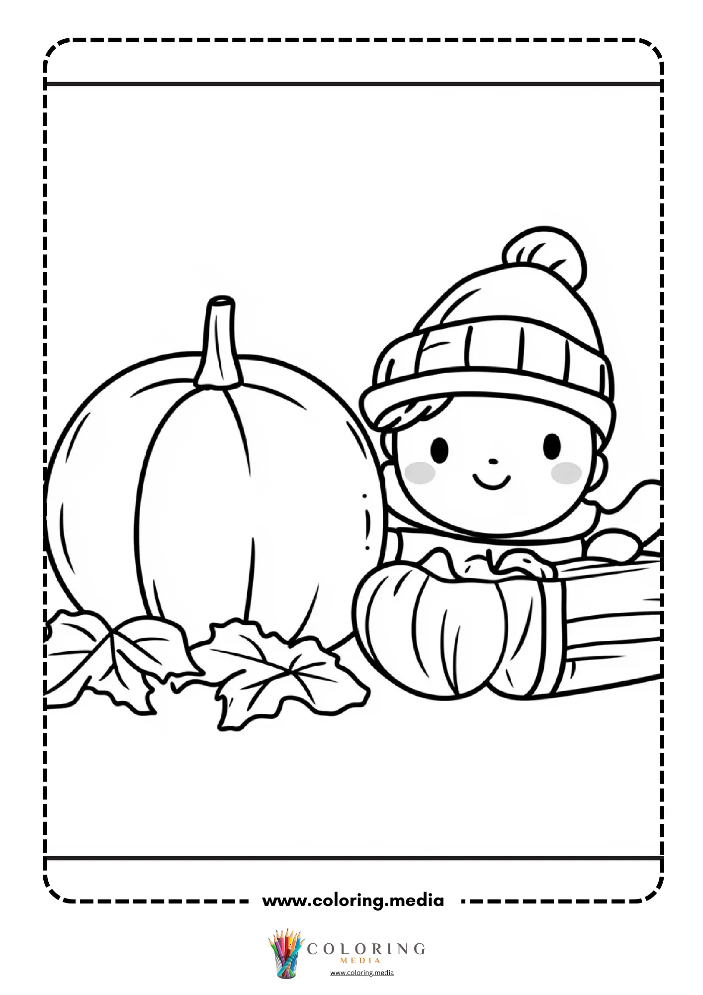 Cute child in beanie peeking over pumpkins on crate