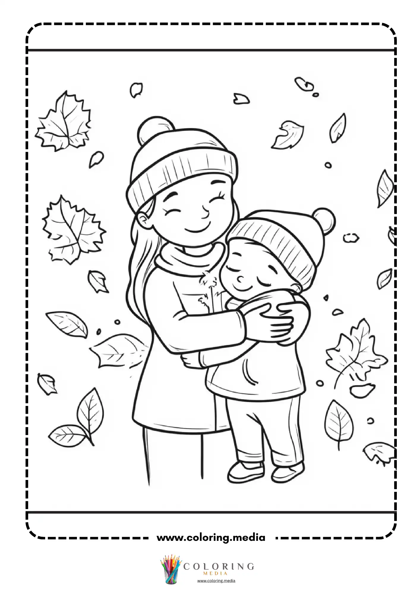 Mother and child hugging in falling autumn leaves