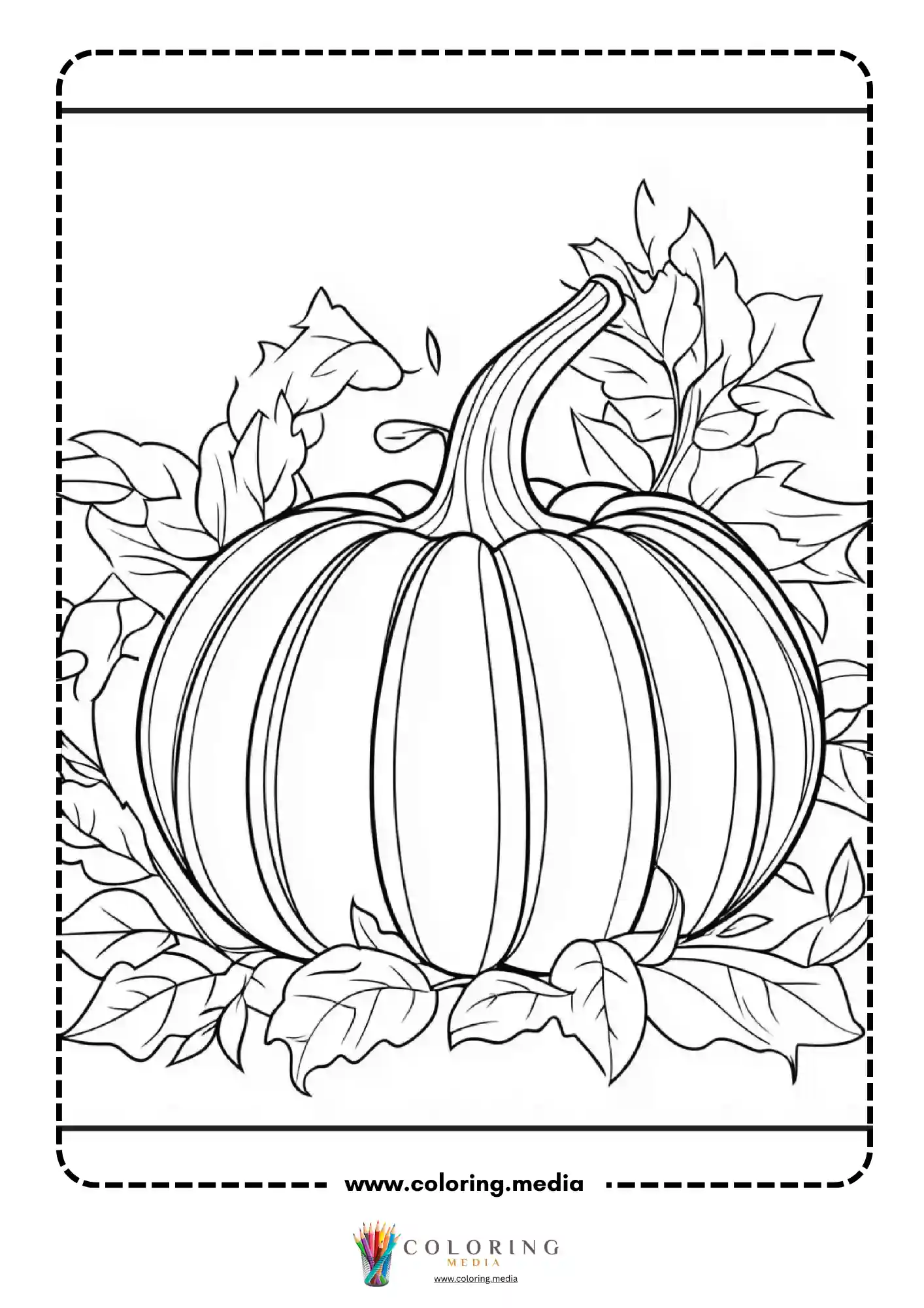 Large ribbed pumpkin surrounded by autumn foliage