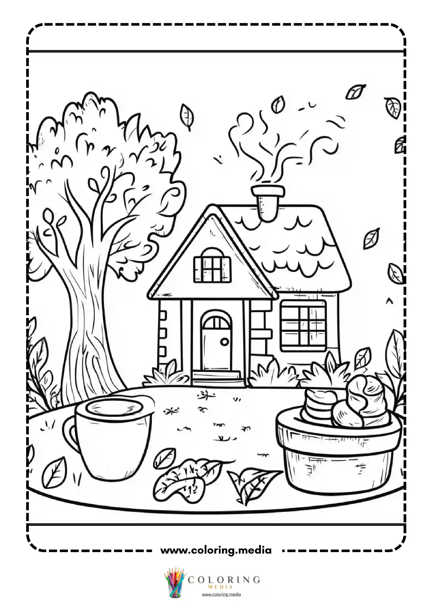 Thatched cottage with mug and treats beside fall tree