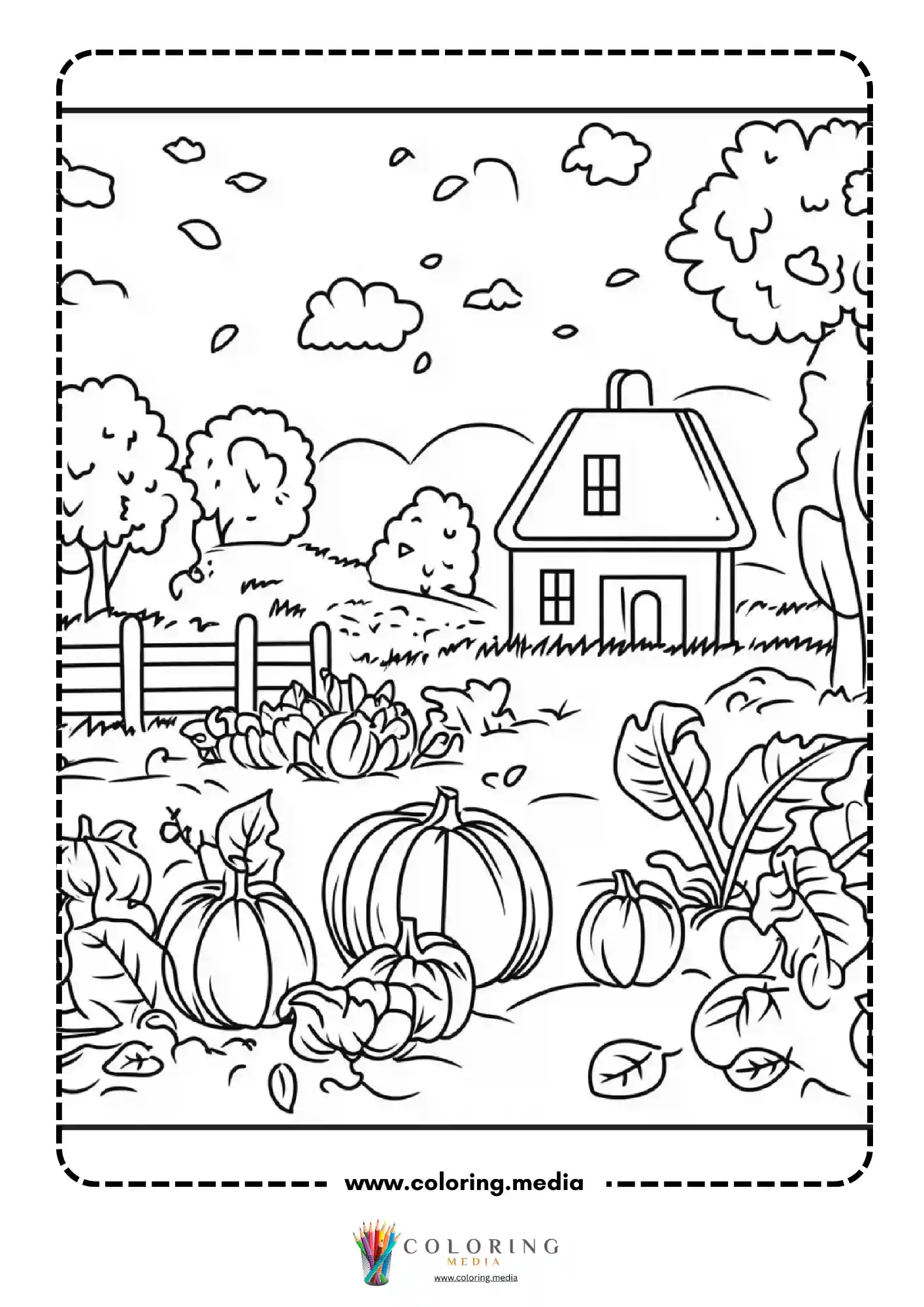 Pumpkin patch scene with farmhouse and trees