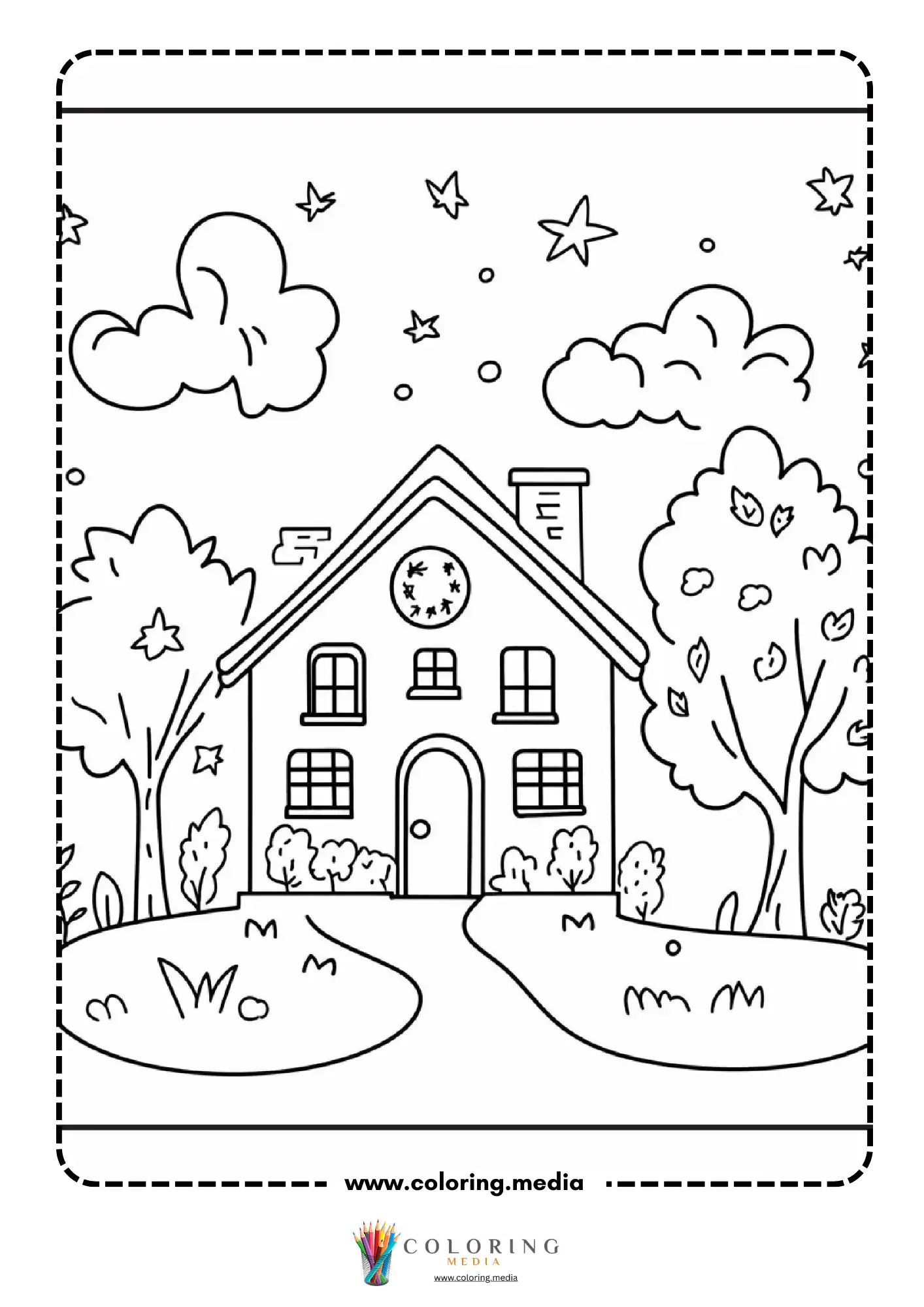 Two-story house with fall trees and stars in sky