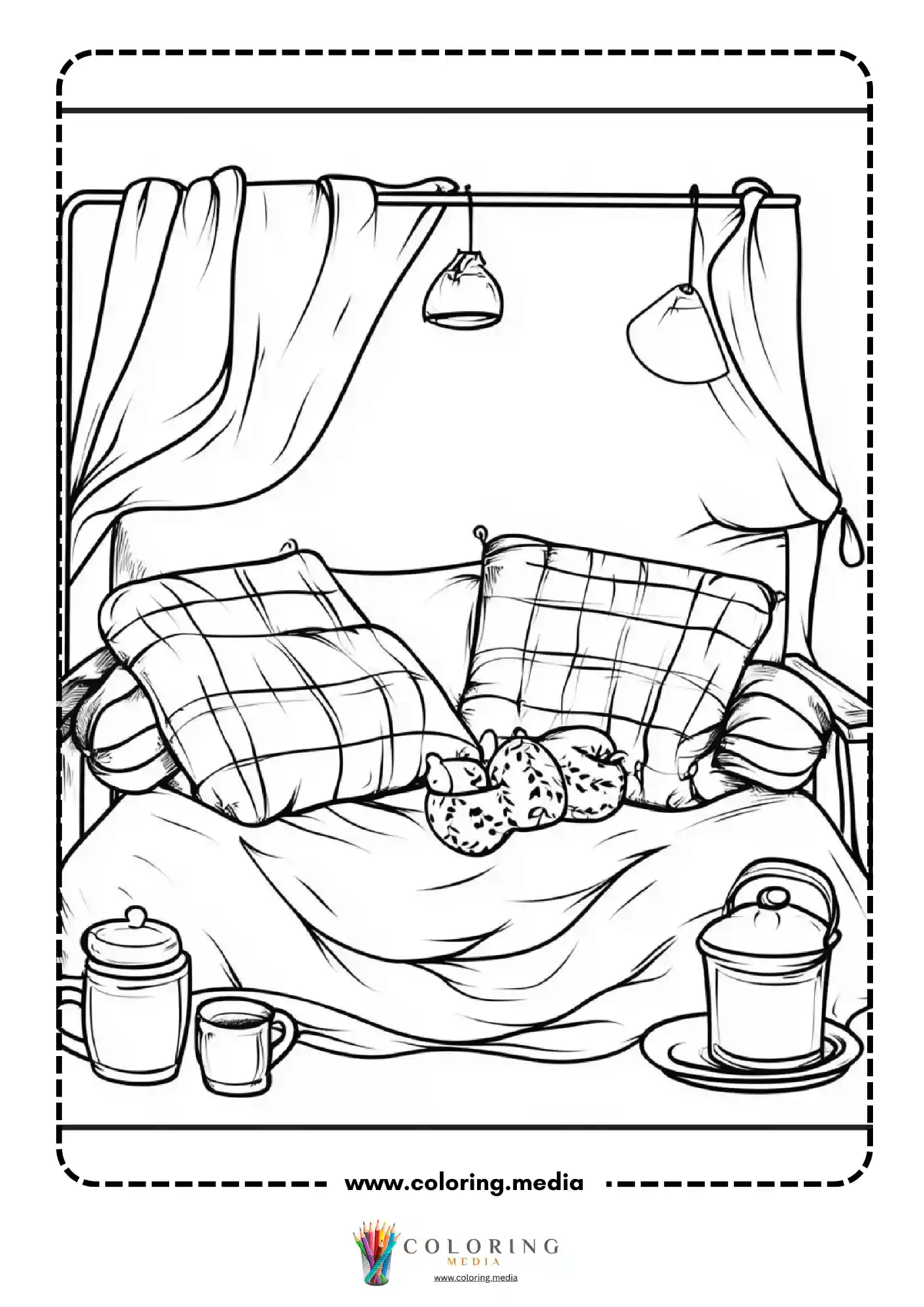 Cozy indoor nook with plaid pillows and hot drinks