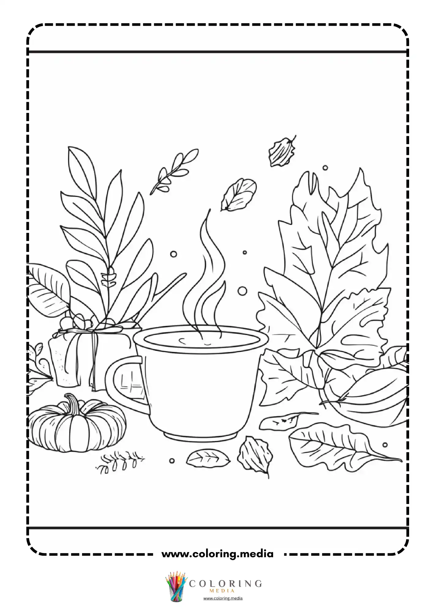Steaming mug with fall leaves and small pumpkin