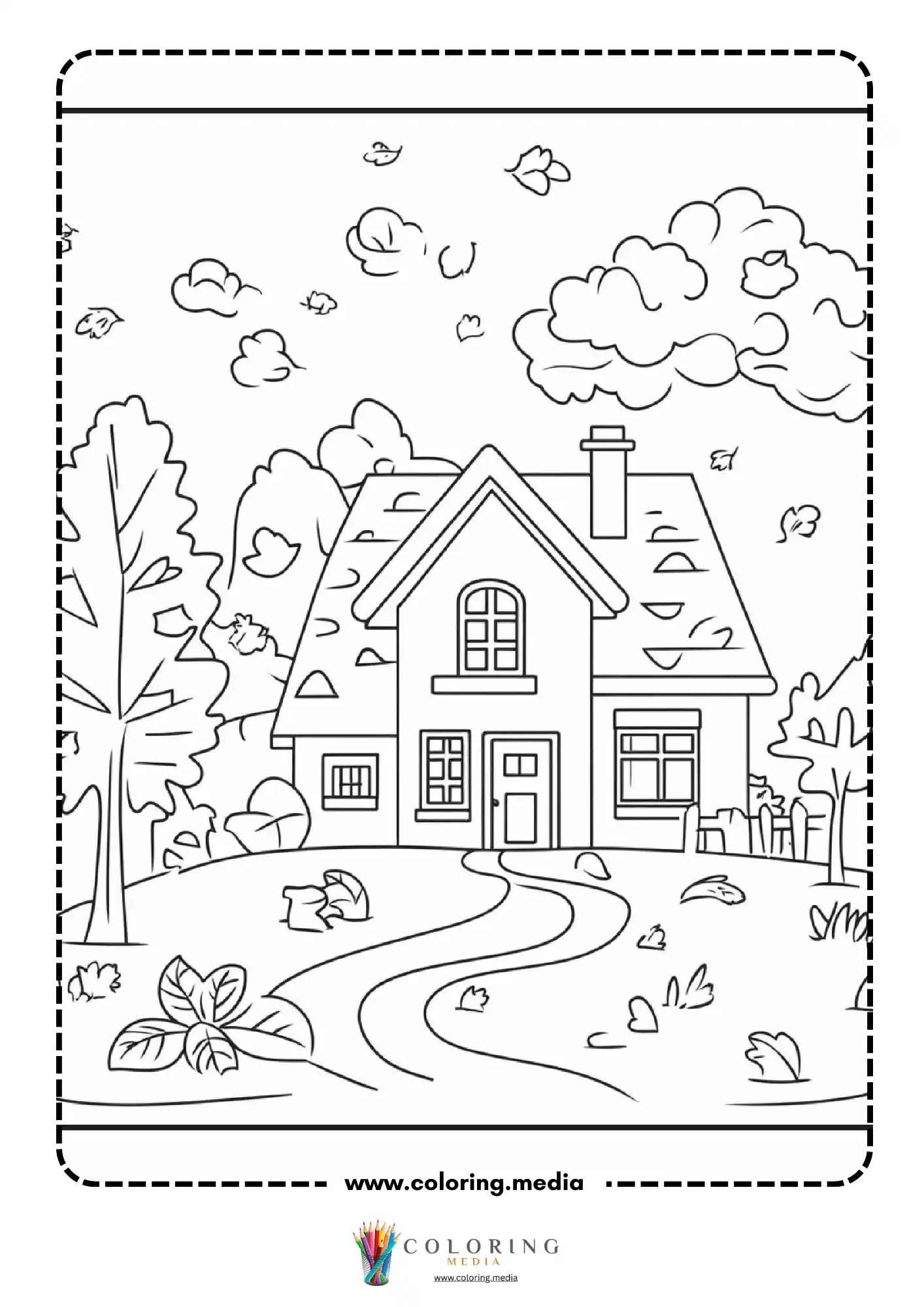 Autumn cottage with winding path and blowing leaves