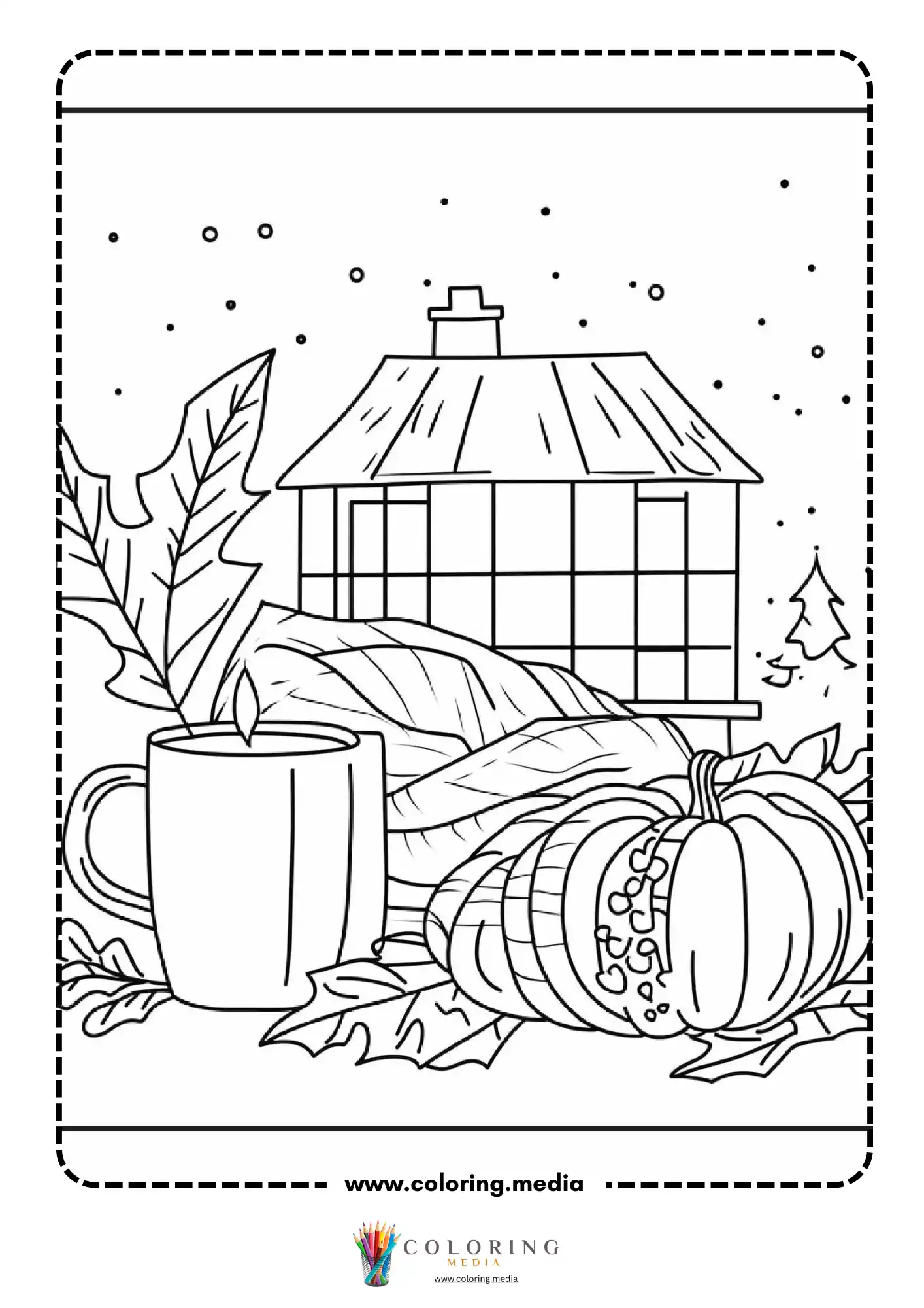 Mug and pumpkins with cozy cabin in background