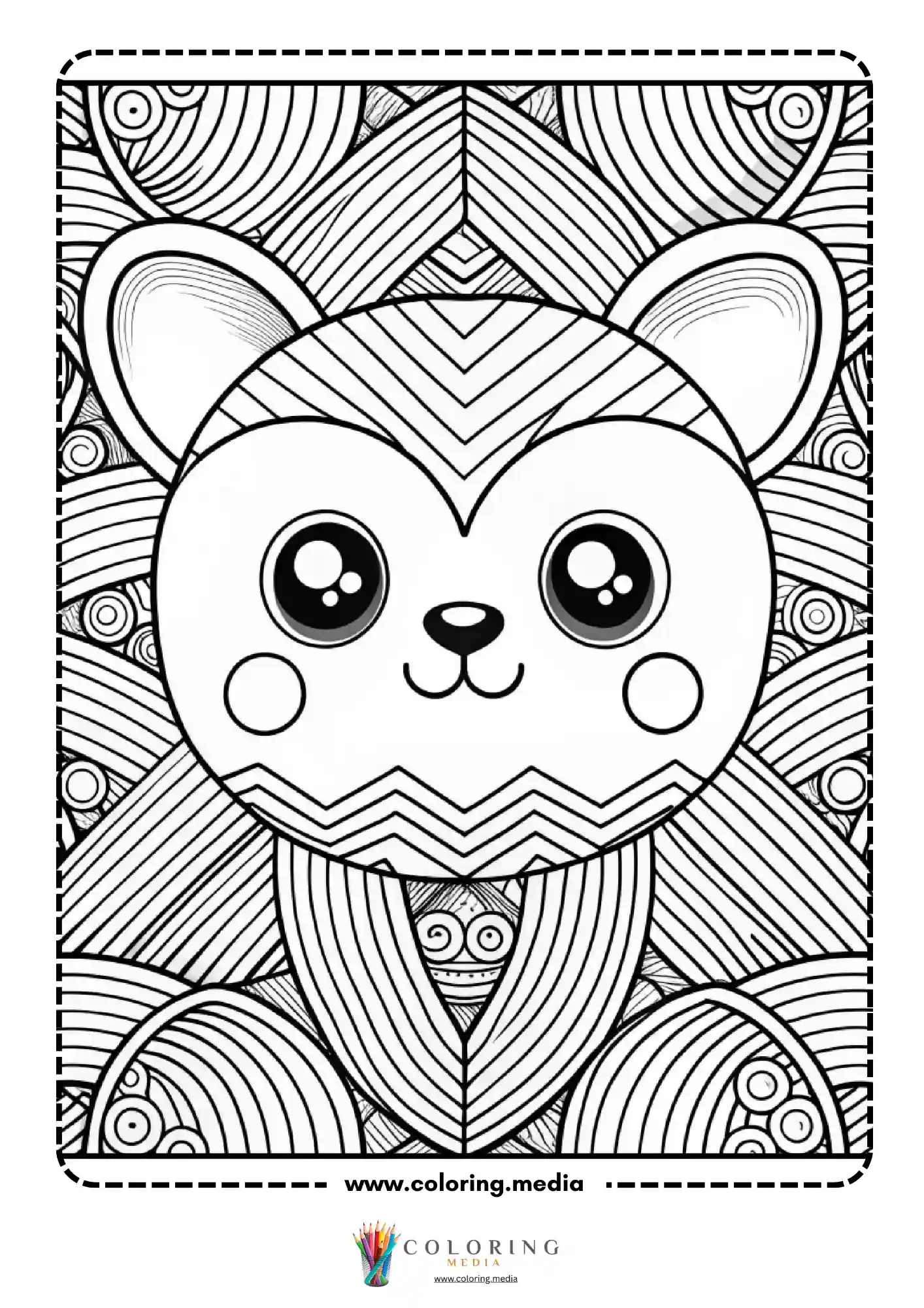 Kawaii bear face with zigzag mandala background pattern