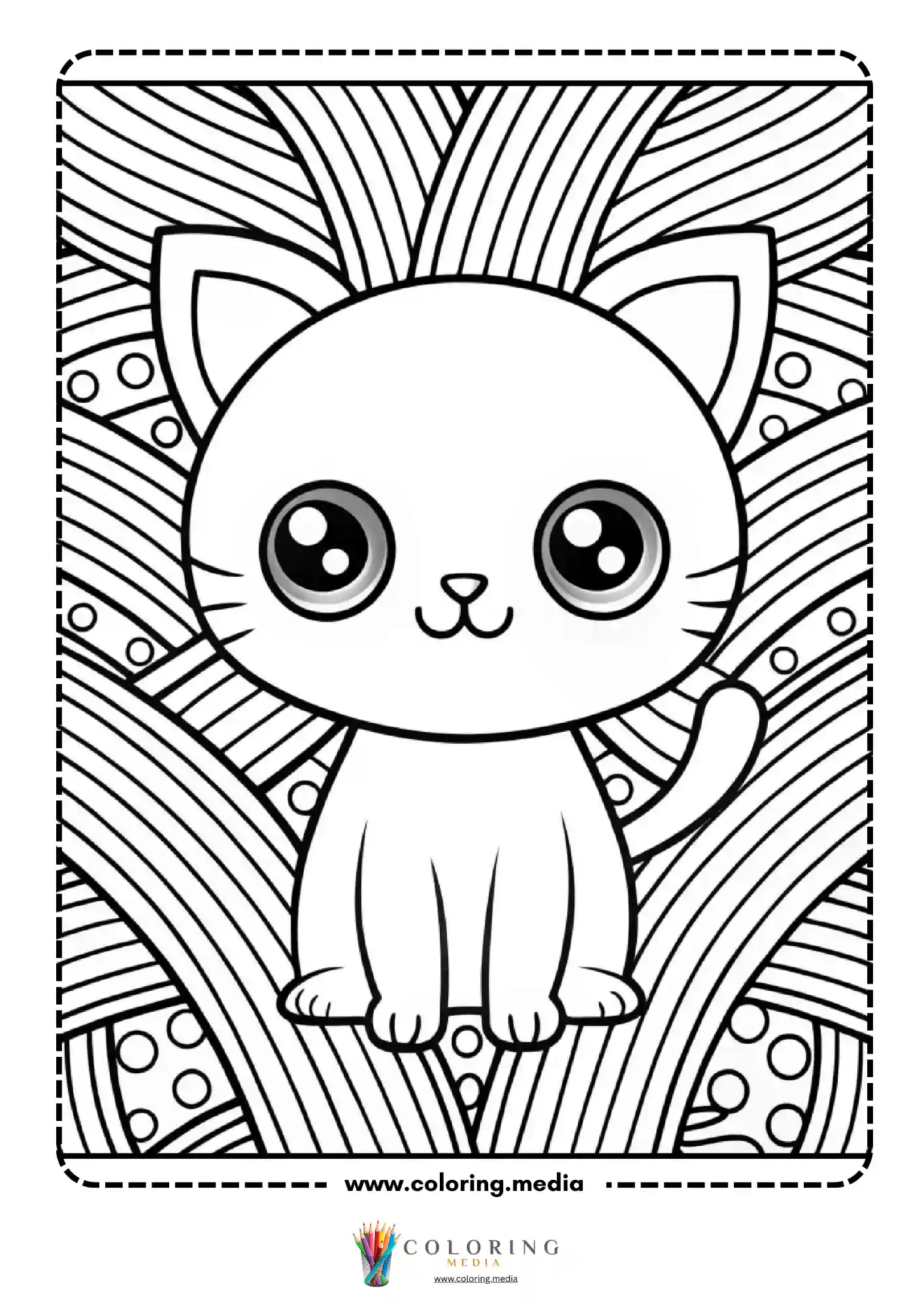 Kawaii sitting cat waving paw on stripe background