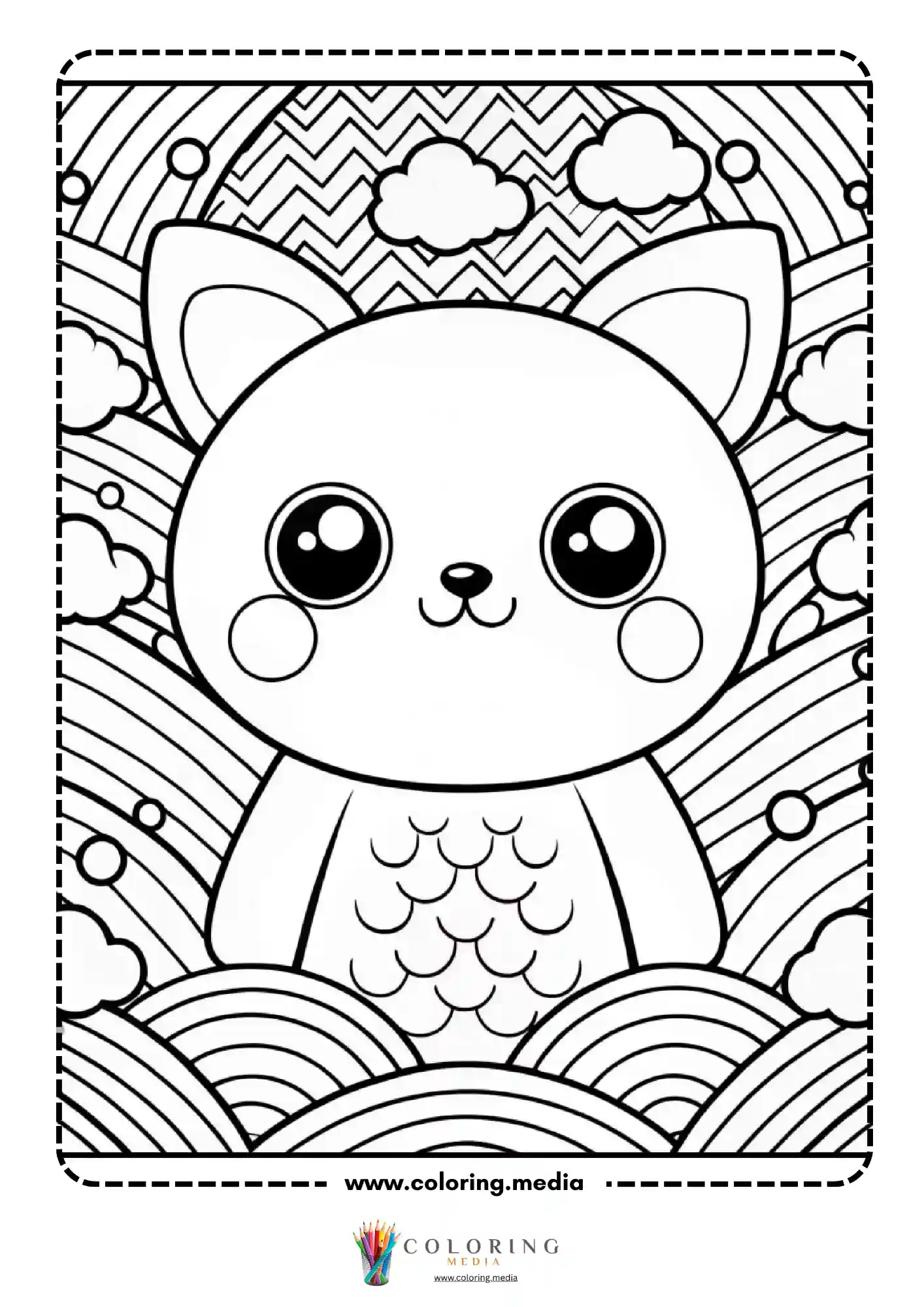 Kawaii cat with fish scale body on cloud background