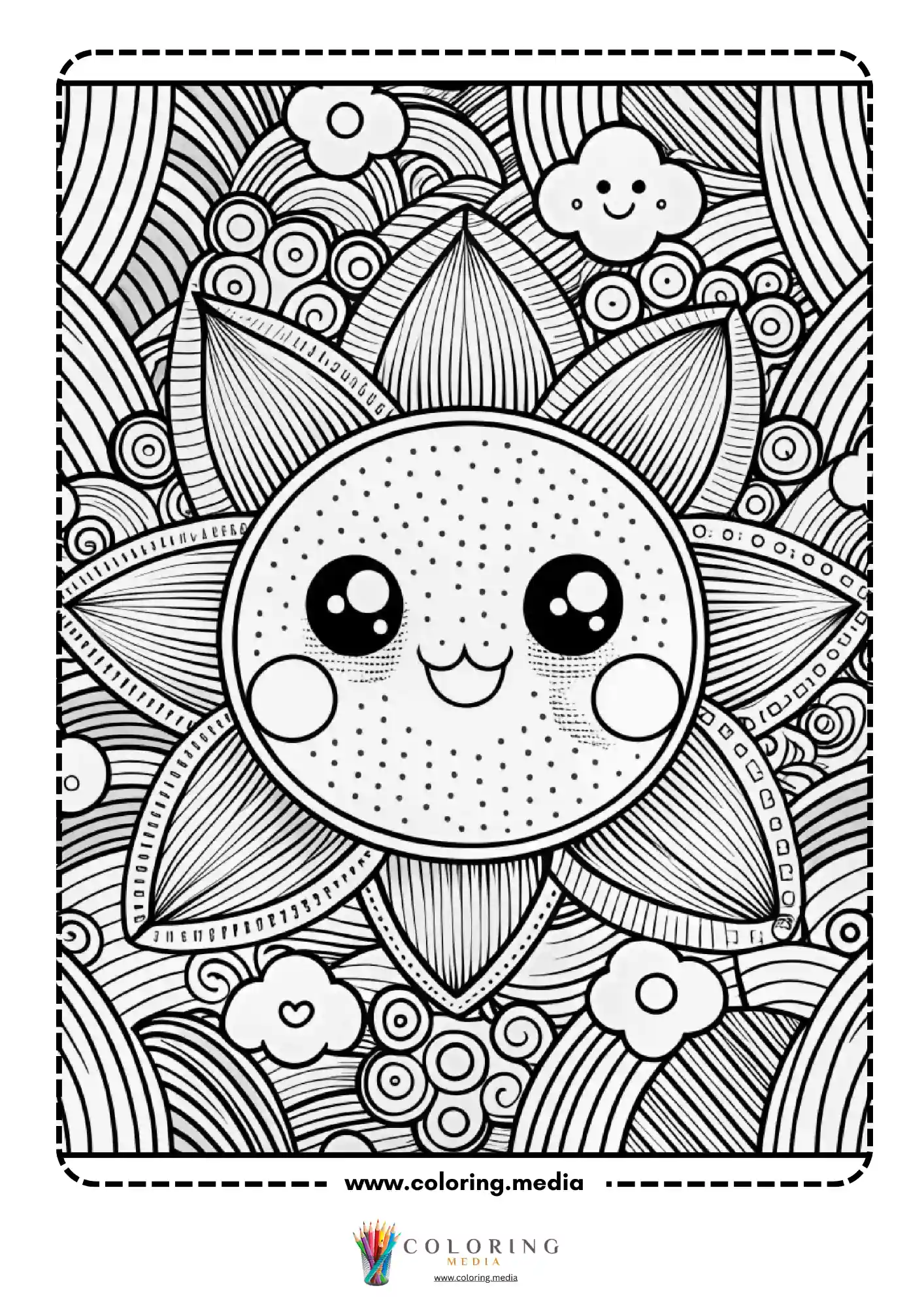Kawaii smiling sun face with mandala cloud background