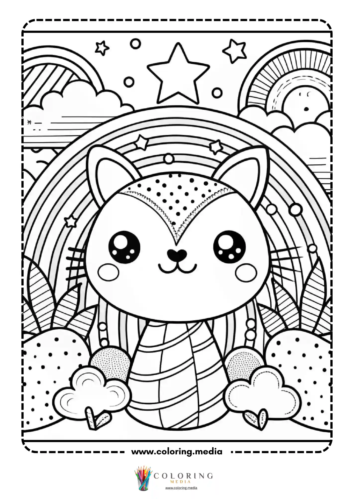 Kawaii cat with rainbow clouds and star background
