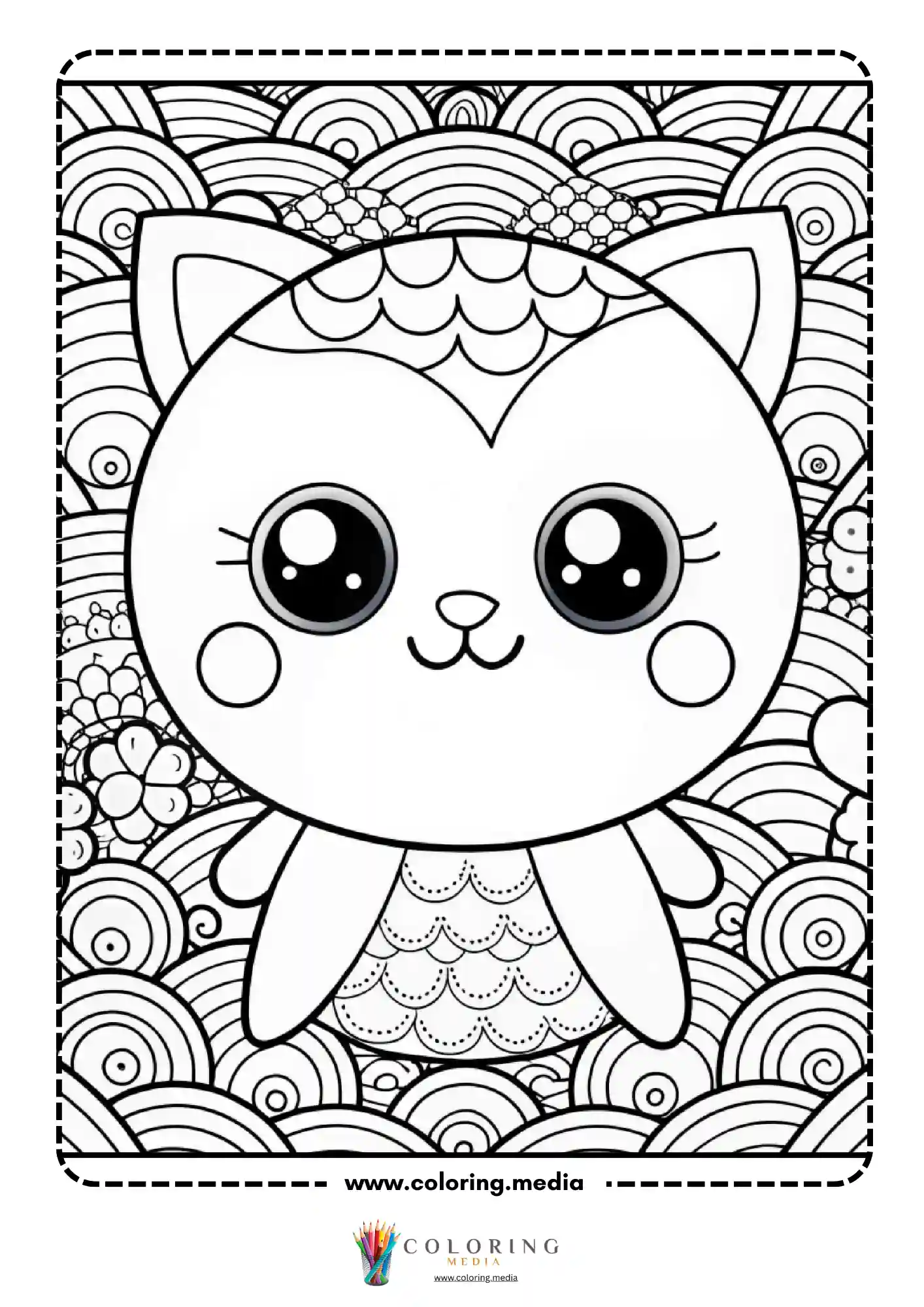 Kawaii cat with fish scale body on spiral background