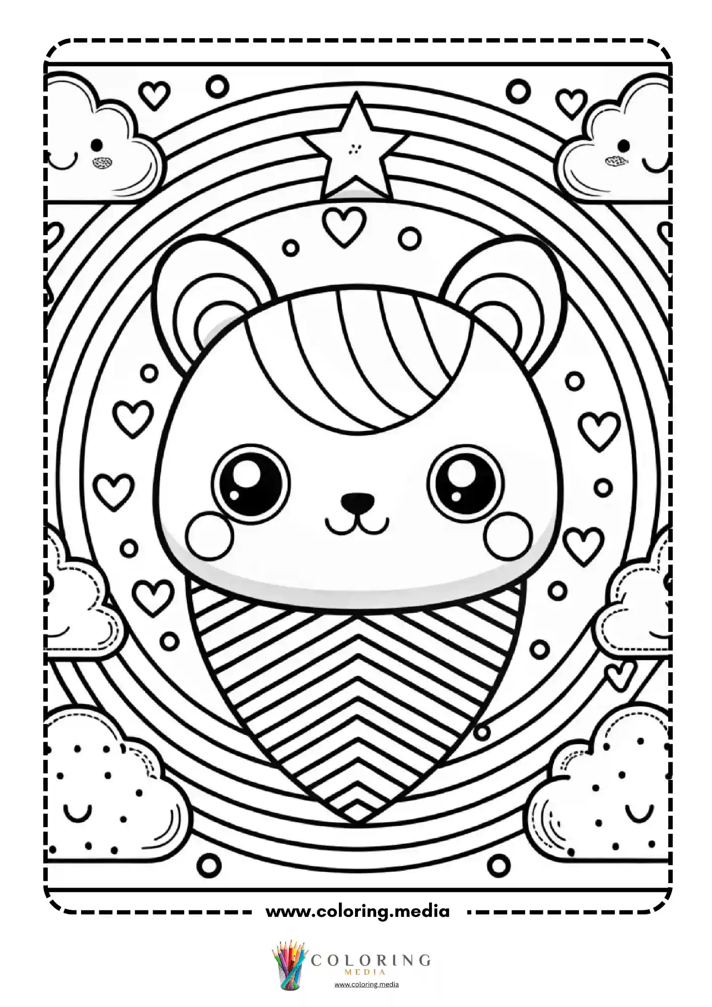 Kawaii bear in ice cream cone with rainbow hearts