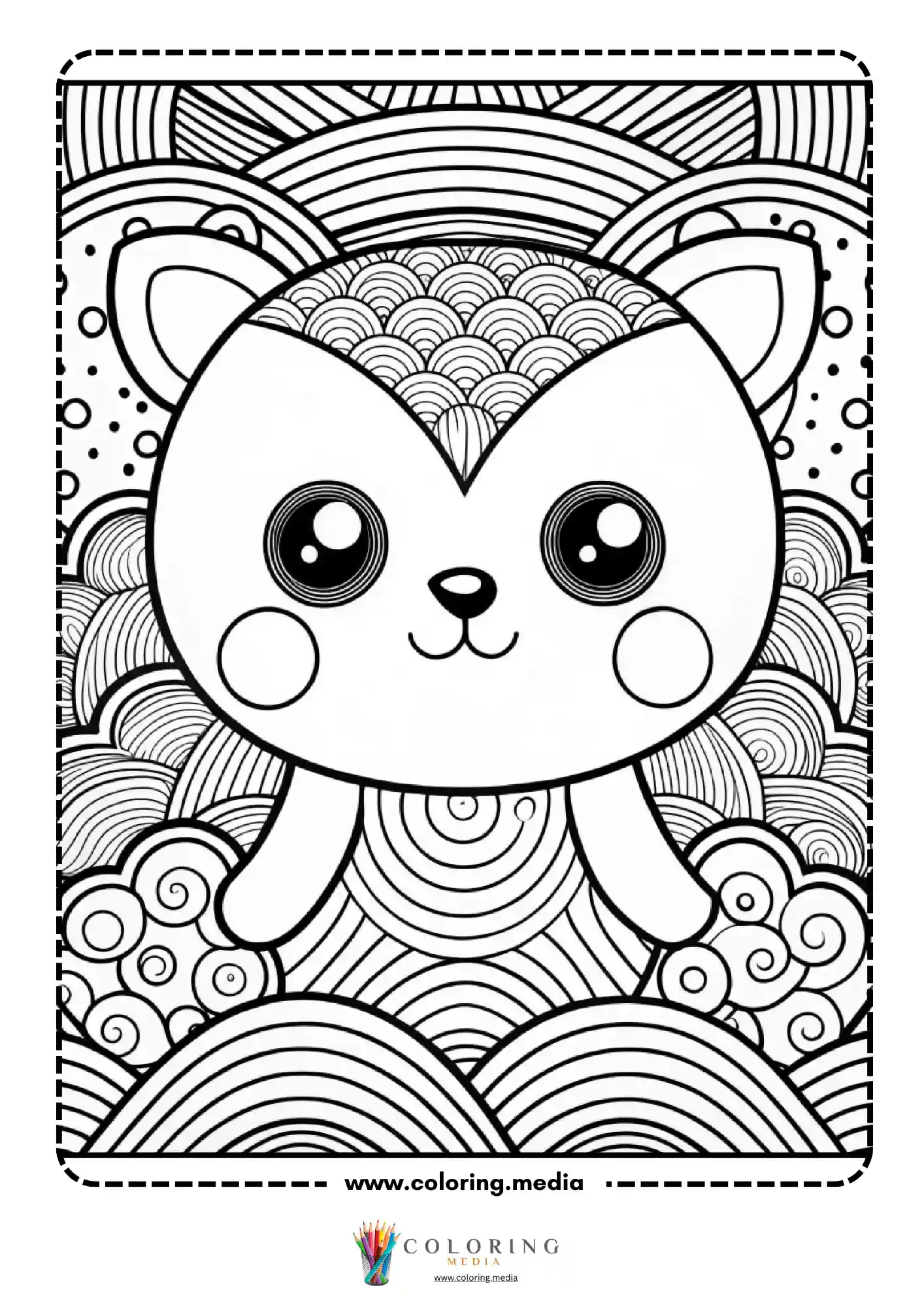 Kawaii cat face with scallop wave pattern background