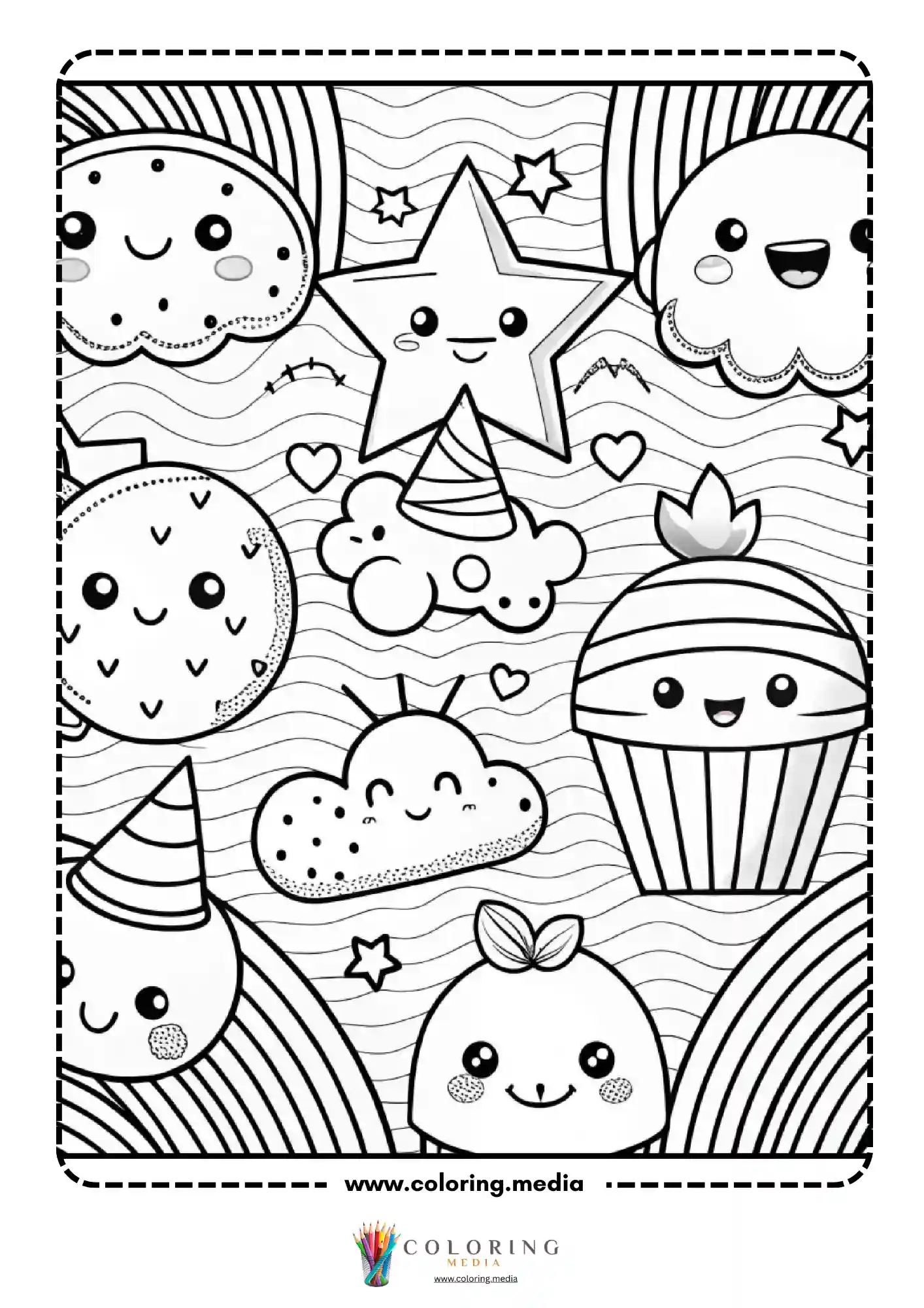 Kawaii food characters scene with star cloud cupcake