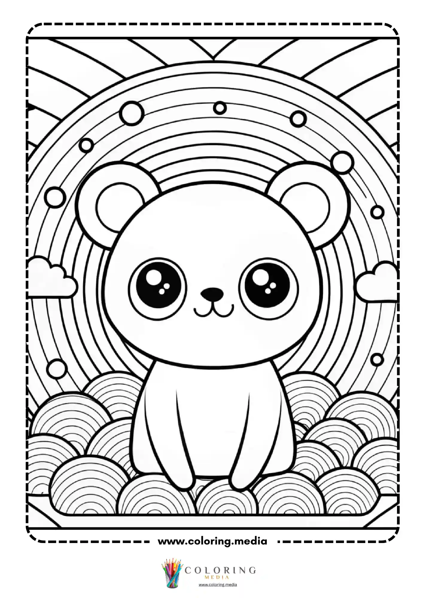 Kawaii bear sitting with rainbow arc clouds and wave pattern