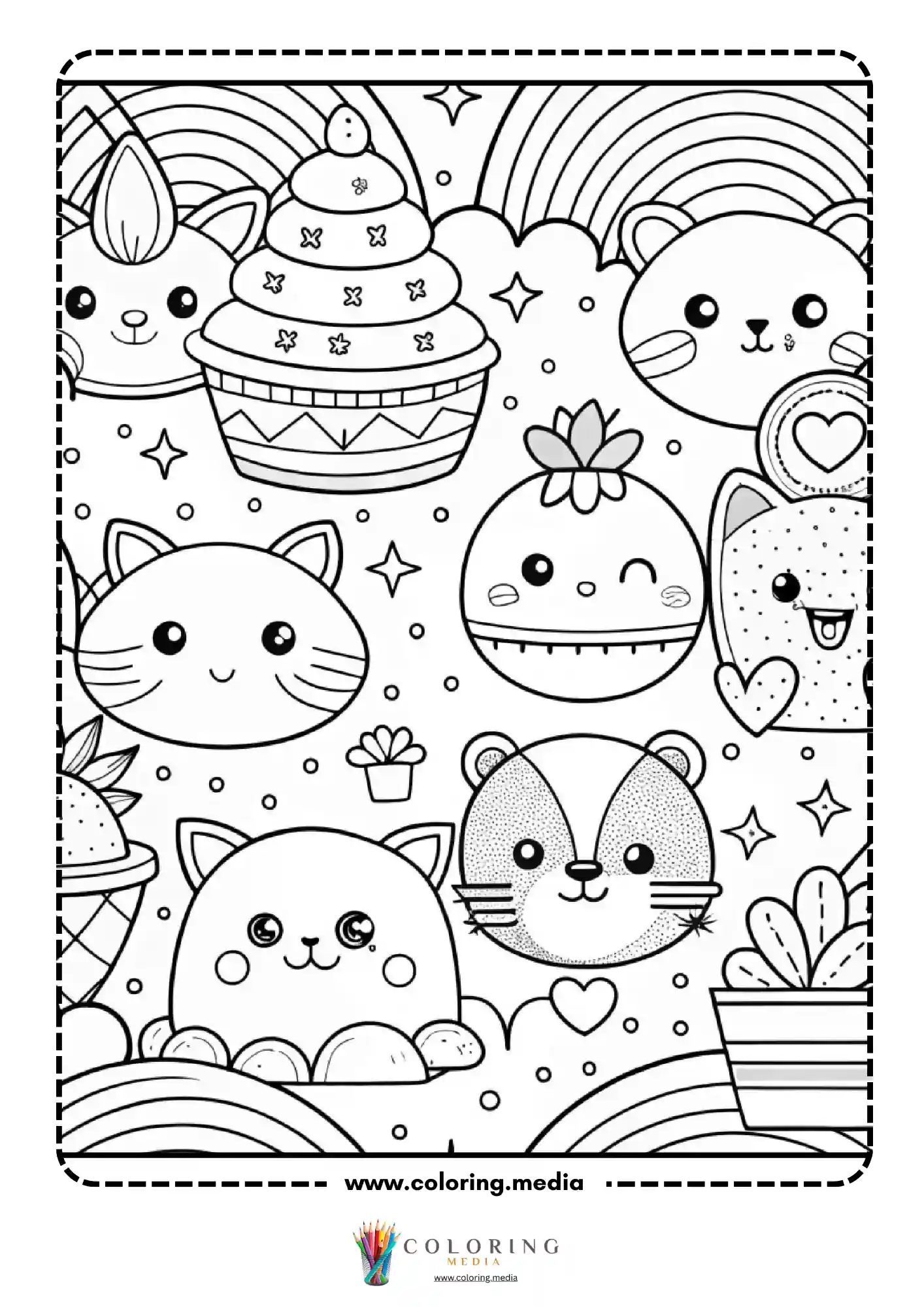 Kawaii squishmallow characters scene with cupcake rainbow